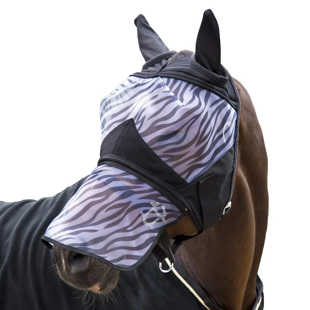 HORZE Zebra Pattern Mesh Insect and Fly Mask with Detachable Nose Protection - Black - M
