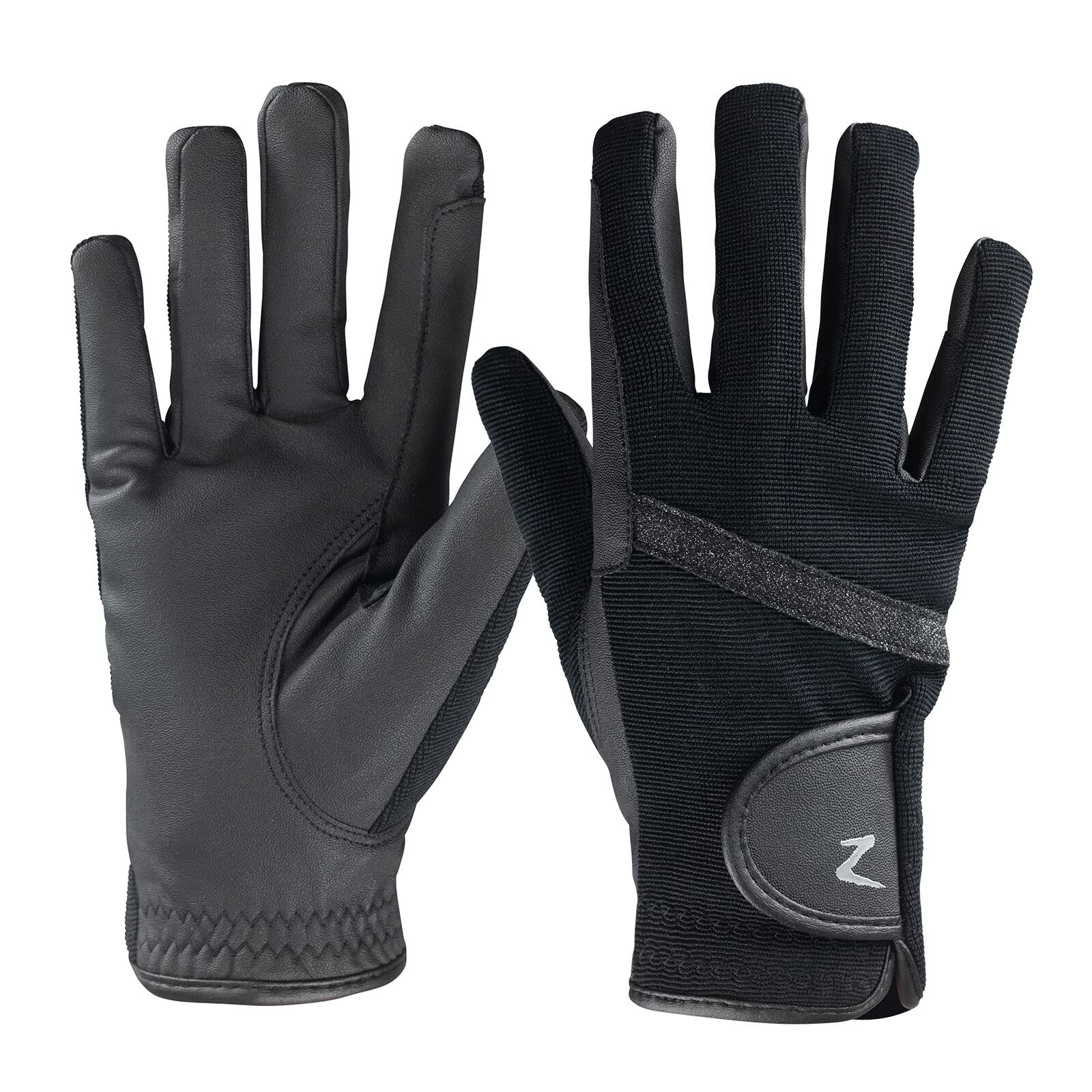 HORZE Women's Equestrian Winter Horse Riding Gloves with Adjustable Cuff and PU Leather Grip - Black - 9