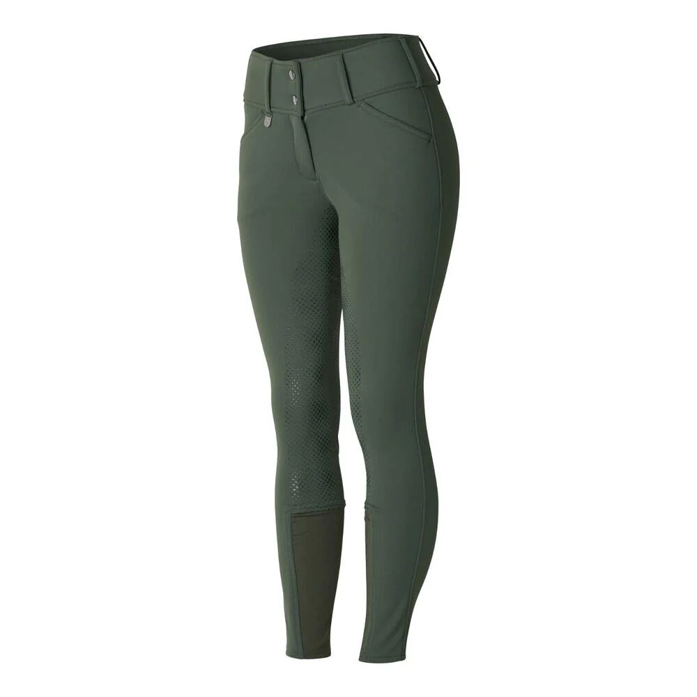 HORZE Grand Prix Women's Winter Fleece-Lined Water Resistant Silicone Full Seat Horse Riding Breeches - Thyme Green - 30