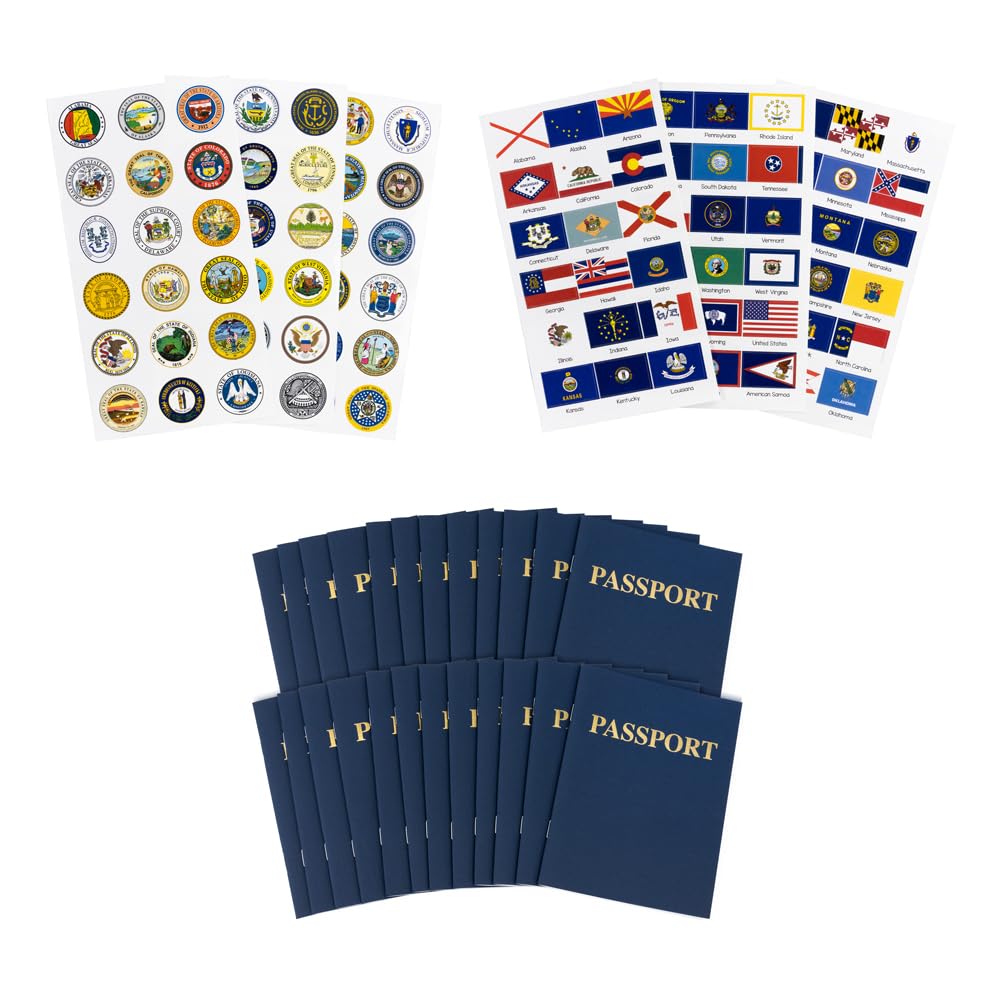 Hygloss Products 24 Blank Passport Books with 108 US State Flags and Seals Stickers, for Kids and Teachers, Includes All 50 United State Flags and Seals