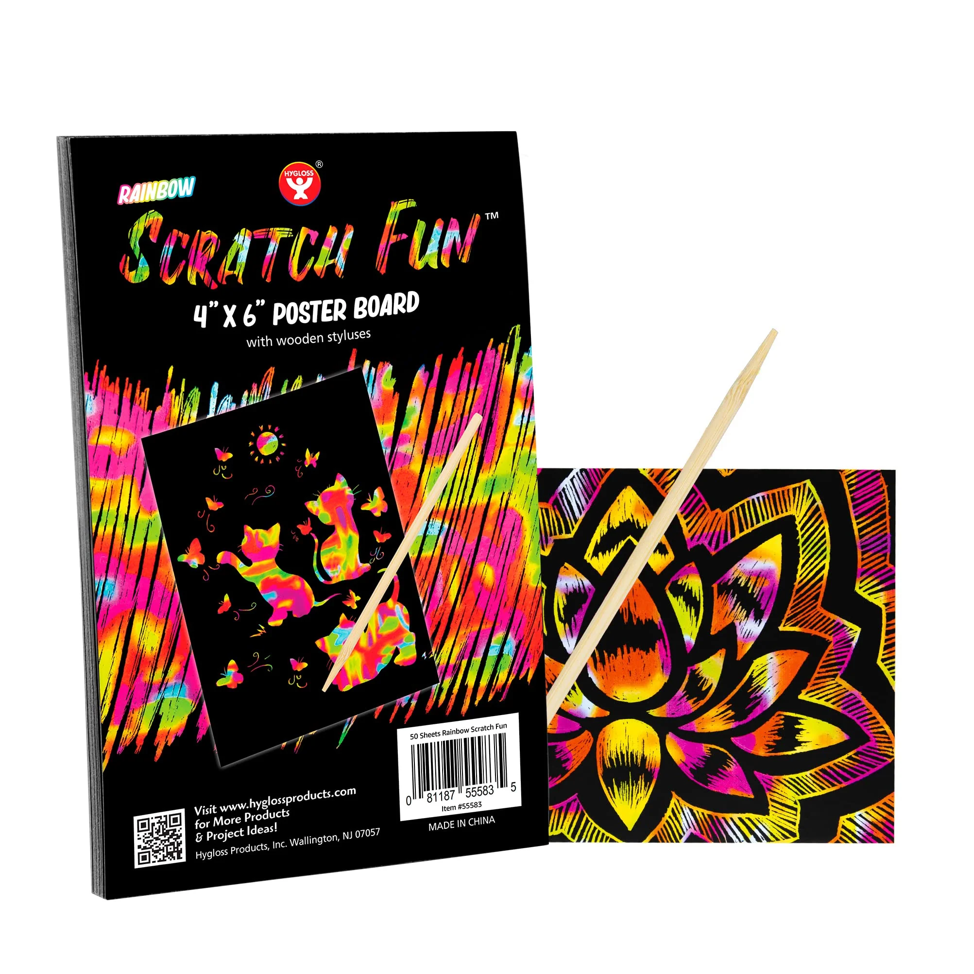 Hygloss Products Scratch Fun Magic Drawing Black Matte Arts and Crafts-DIY Project-Kit Includes 25 Rainbow Papers, 4 x 6 Inches and 5 Wooden Stylus Sticks, Count