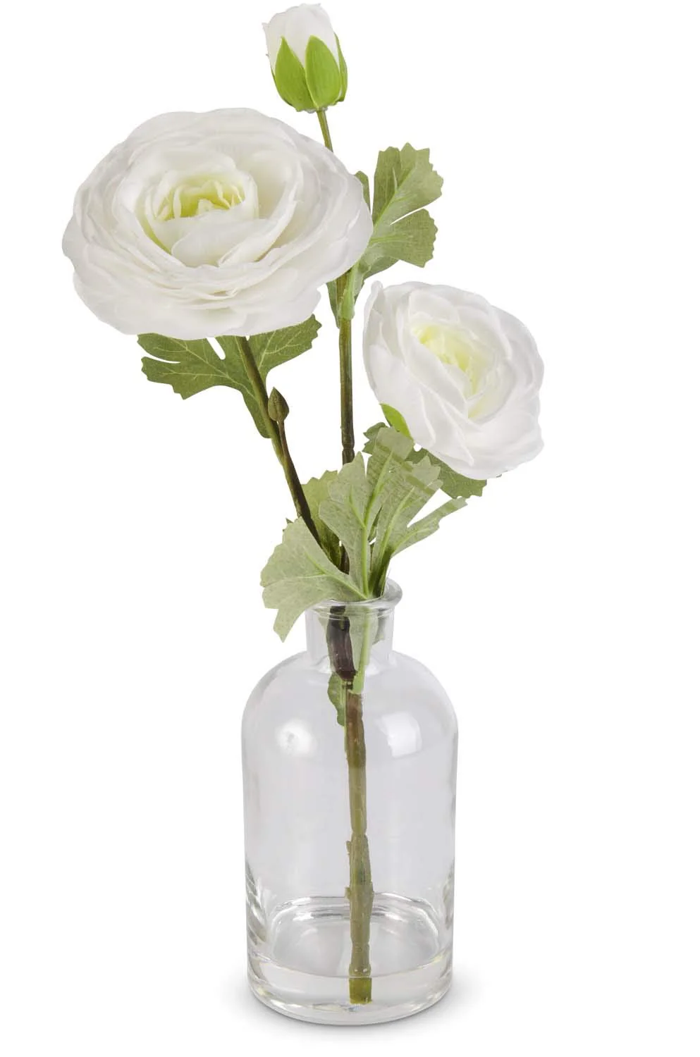 K&K Interiors 16392A-WH 14 Inch Real Touch White Triple Bloom Ranunculus in Glass Bottle
