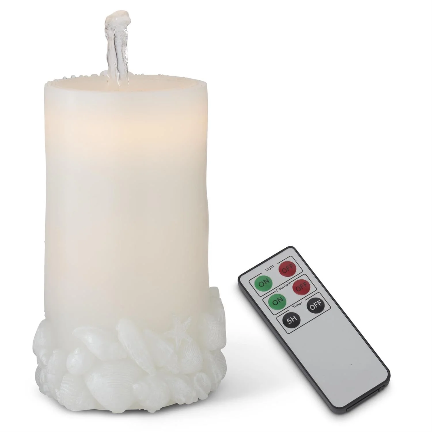 K&K Interiors Water Seashell Embossed Pillar Candle with Timer and Remote, 7.5-inch Height, White, LED, Home, Home Décor