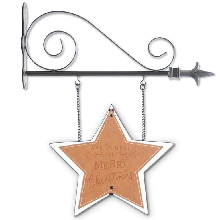 K&K Interiors Merry Christmas Star Arrow Replacement, 10-inch Height, Dark Metal and Leather