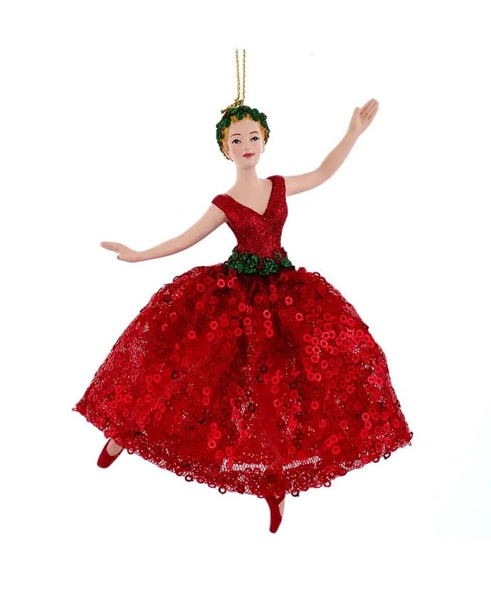 Kurt S. Adler Elegant Whimsical Ballerina, Fairy, Angel Ornaments (6" Red Holiday Formal Dancer Sequins Dress Ornament E0832)