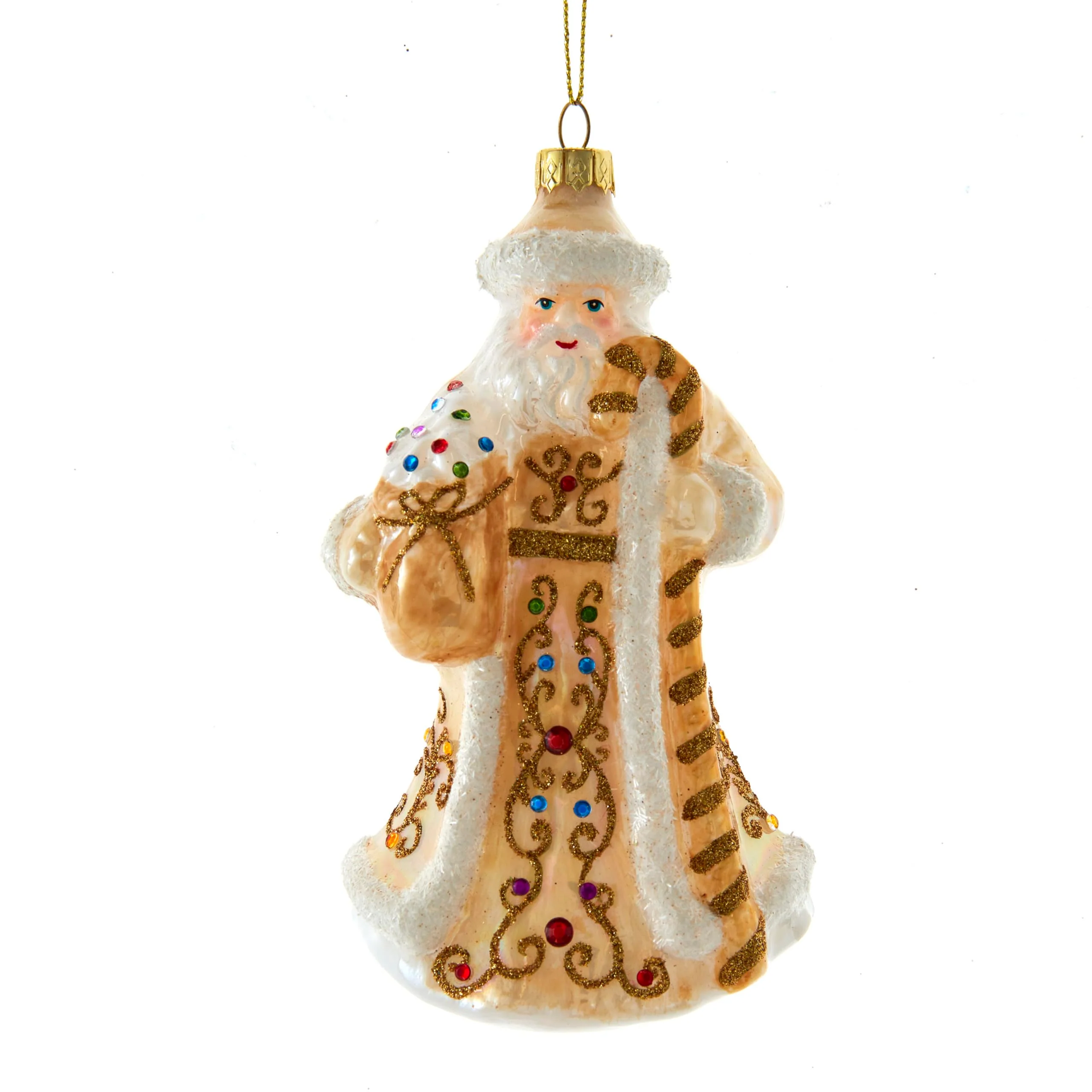 Kurt S. Adler Glass Christmas Tree Ornament Holiday Decorations Traditional (6.5" White and Gold Jeweled Santa with Staff Ornament T3183)