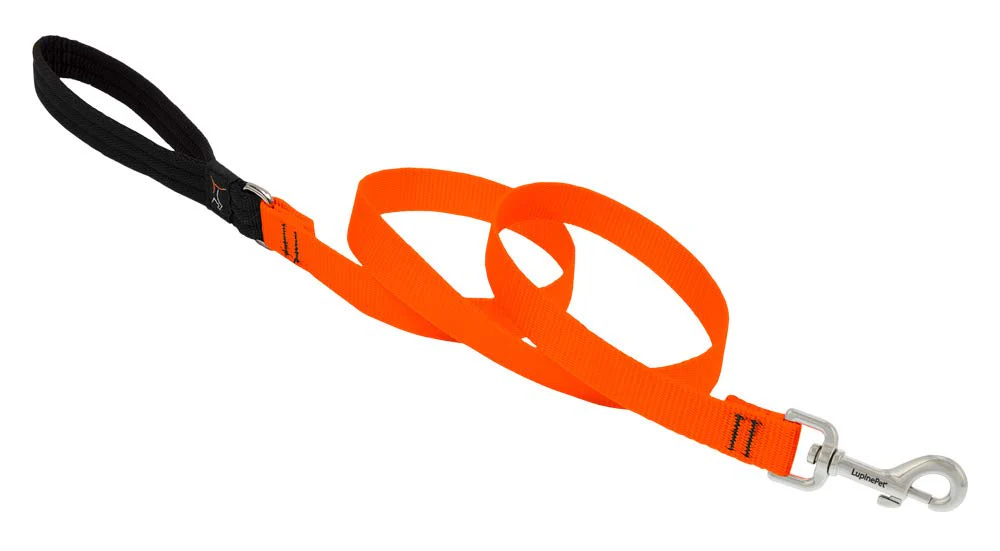 Dog Leash by Lupine in 3/4" Wide Blaze Orange 4-Foot Long with Padded Handle