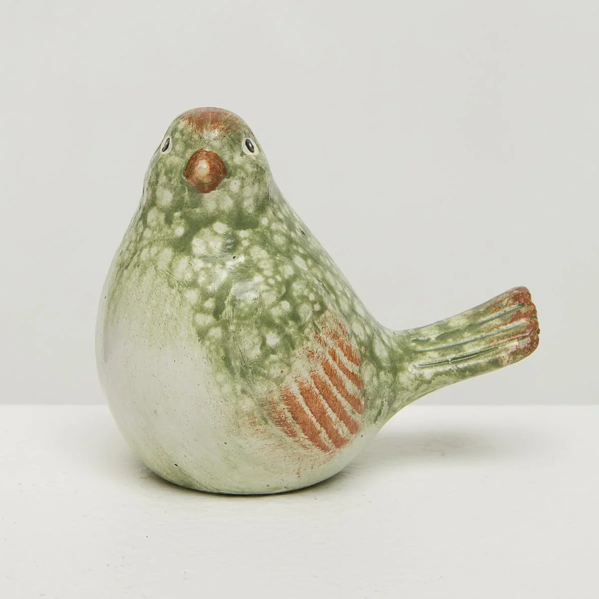 Meravic Glazed Terra Cotta Small Bird Figurine, 3-inch Length, Green and Cream, Tabletop Decoration