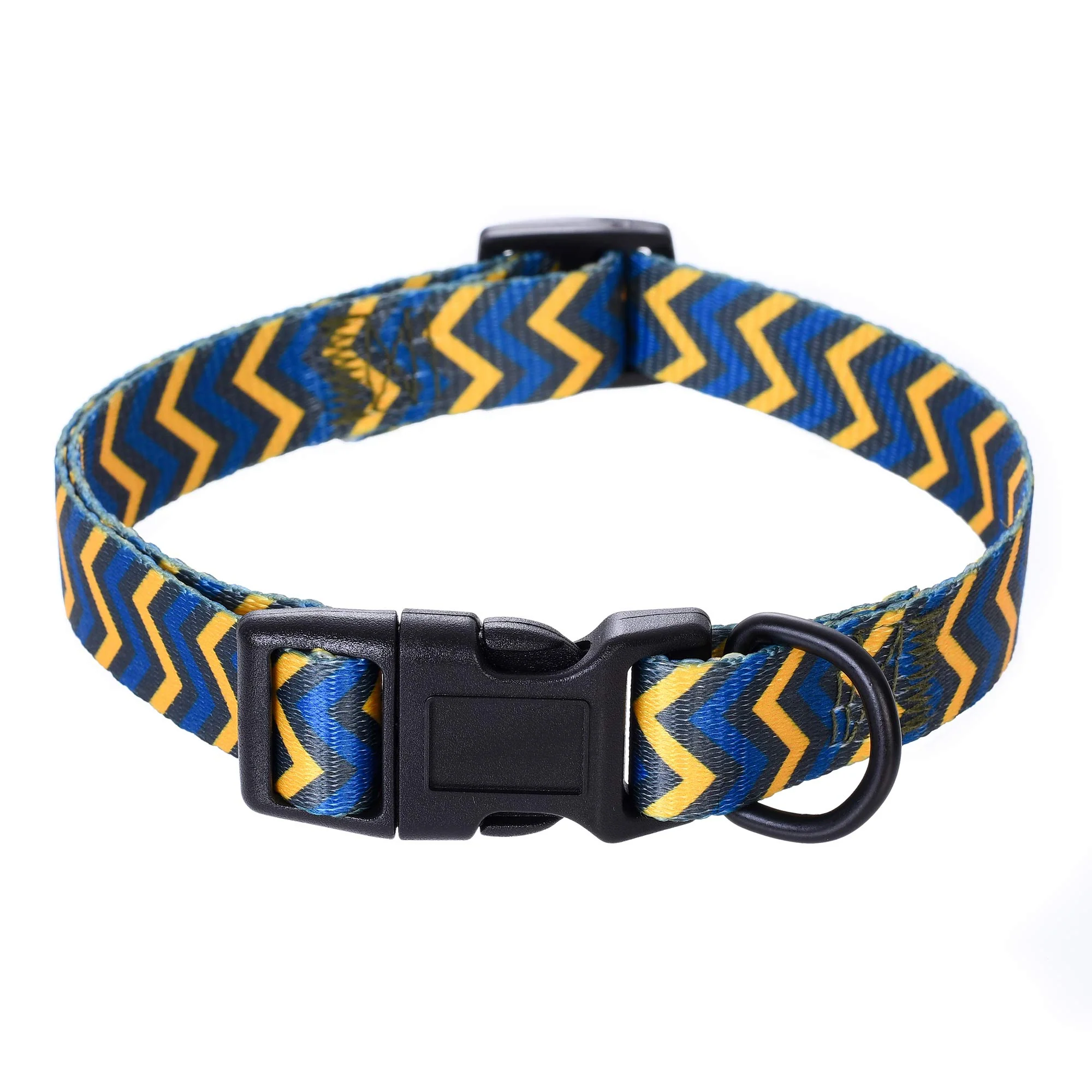 Mile High Life Dog Collar | Cute Puppy Collars | Lightweight Girl Dog Collar | Soft Boy Dog Collars | w Geometric Ocean Wavy Pattern (Blue/Yellow, Large)