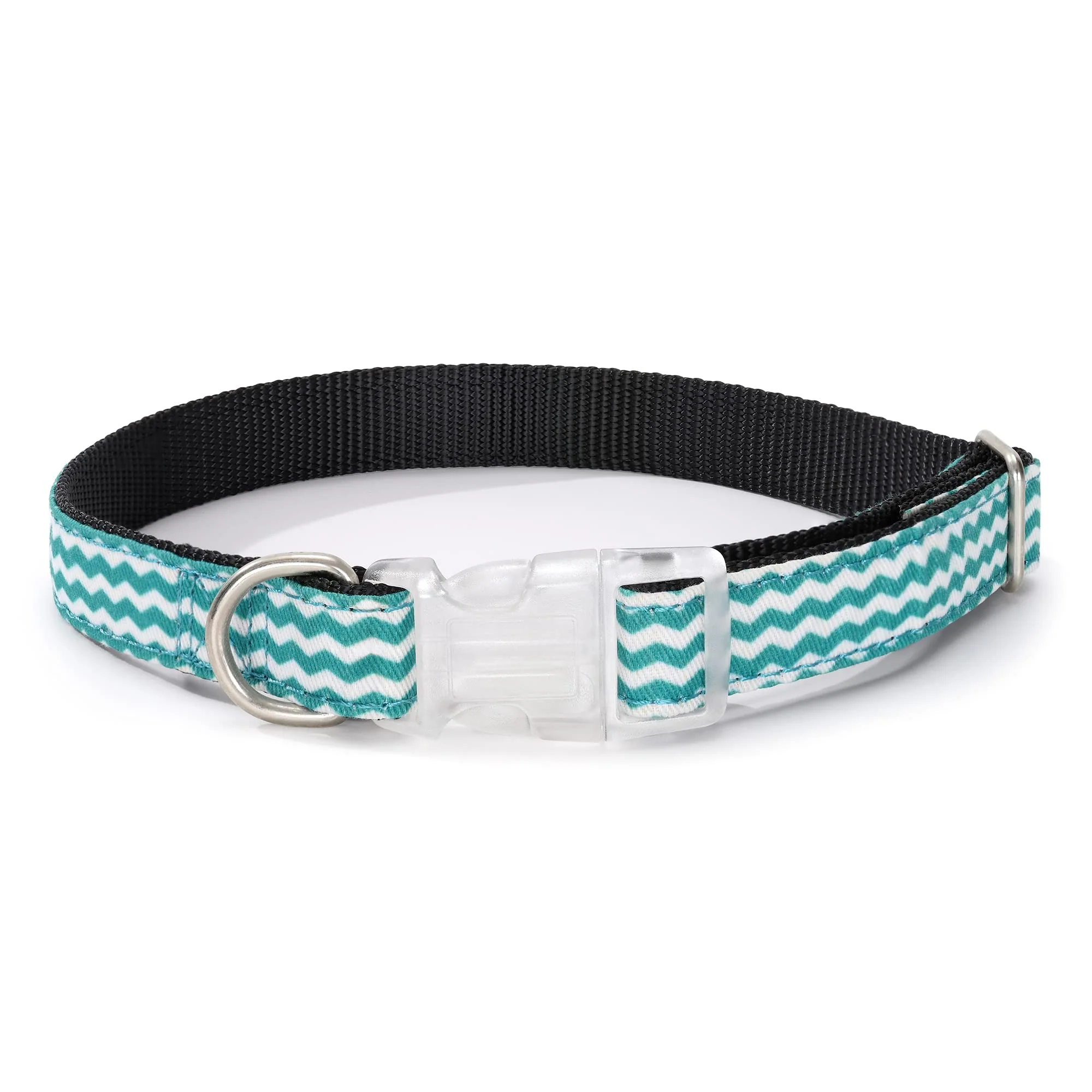 Mile High Life | Geometric Wave Dot Diagonal Pattern | Soft Poly Cotton Outside with Nylon Inside Dog Collar | Strong Buckle Dog Collar with D Ring(Green Wave Medium Neck 13"-17" -40 lb)