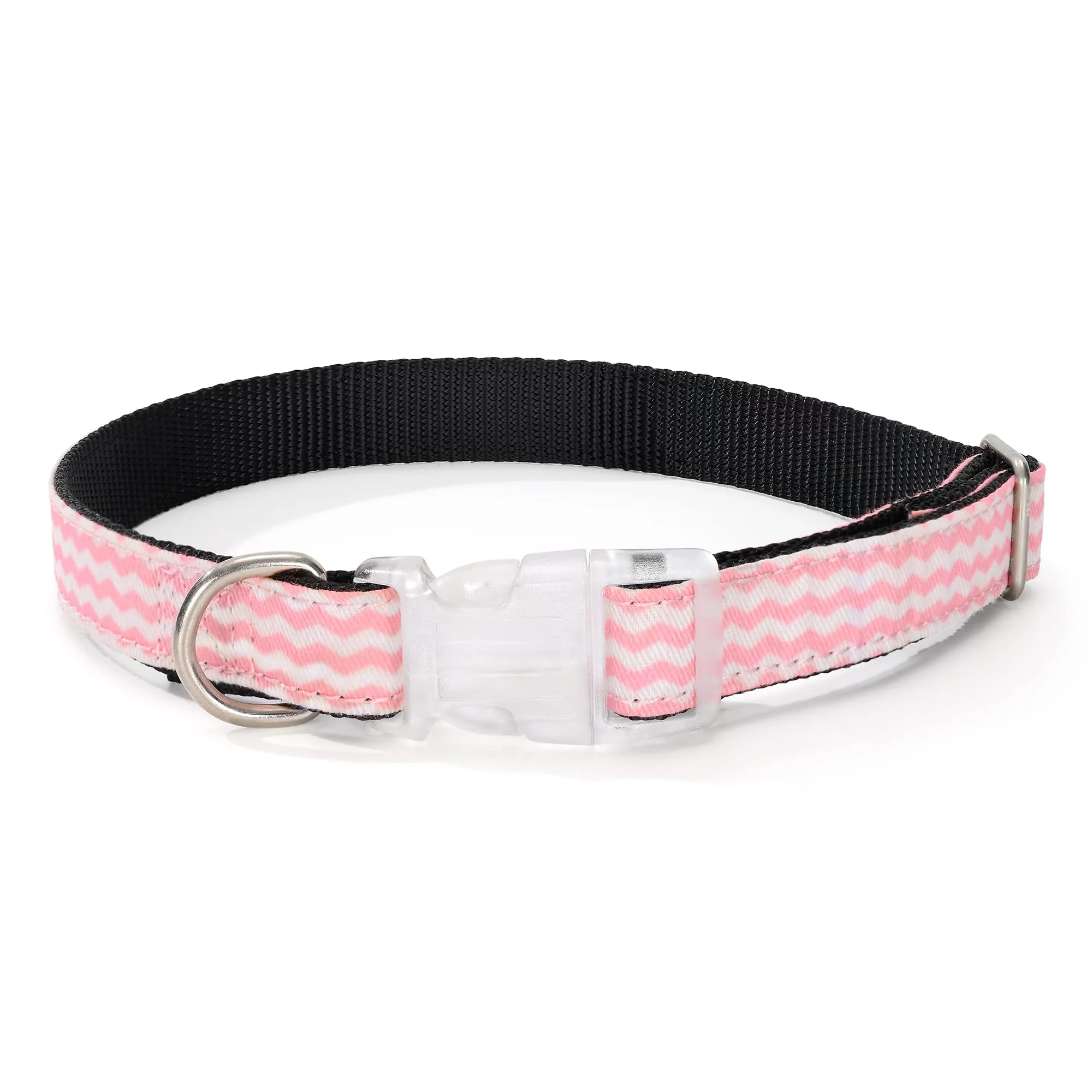 Mile High Life | Geometric Wave Dot Diagonal Pattern | Soft Poly Cotton Outside with Nylon Inside Dog Collar | Strong Buckle Dog Collar with D Ring(Pink Wave Large Neck 15"-19" -55 lb)