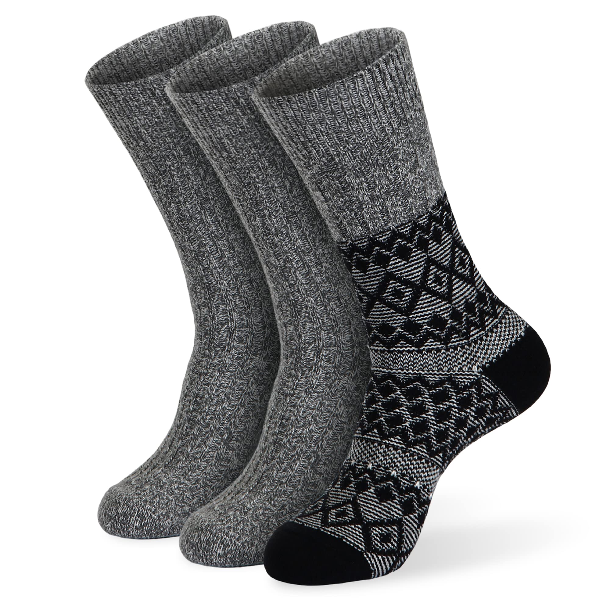 MONFOOT Women's and Men's 3-Pack Warm Soft Vintage Knit Cozy Crew Socks Black