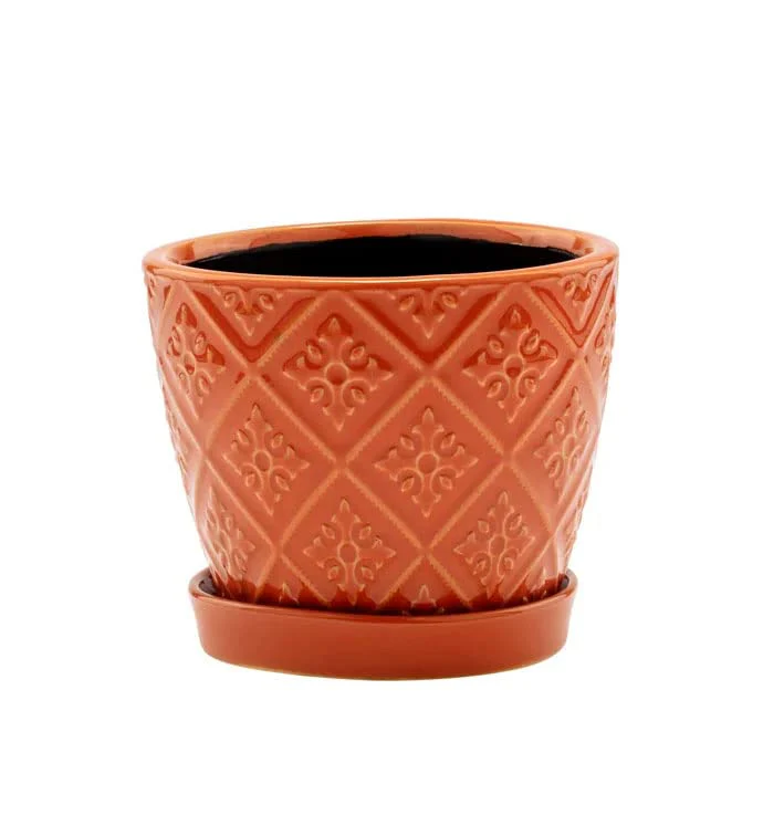 Napco Stamped Crusade Design Burnt Orange 4.25 x 4.75 Ceramic Planter Pot with Saucer