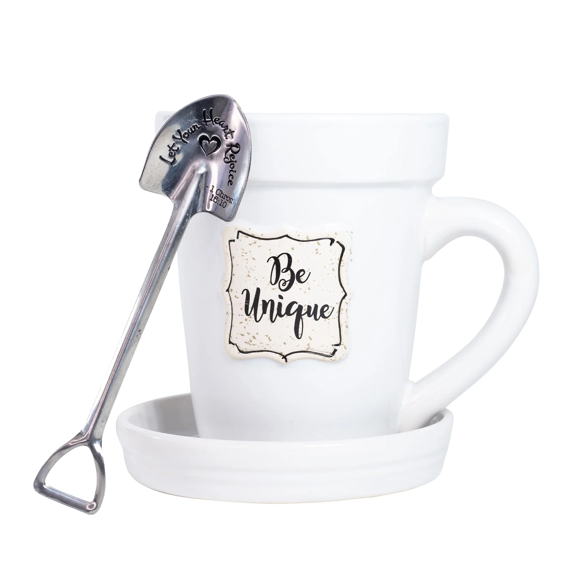 White Flower Pot Mug w/Scripture - "Be Unique"