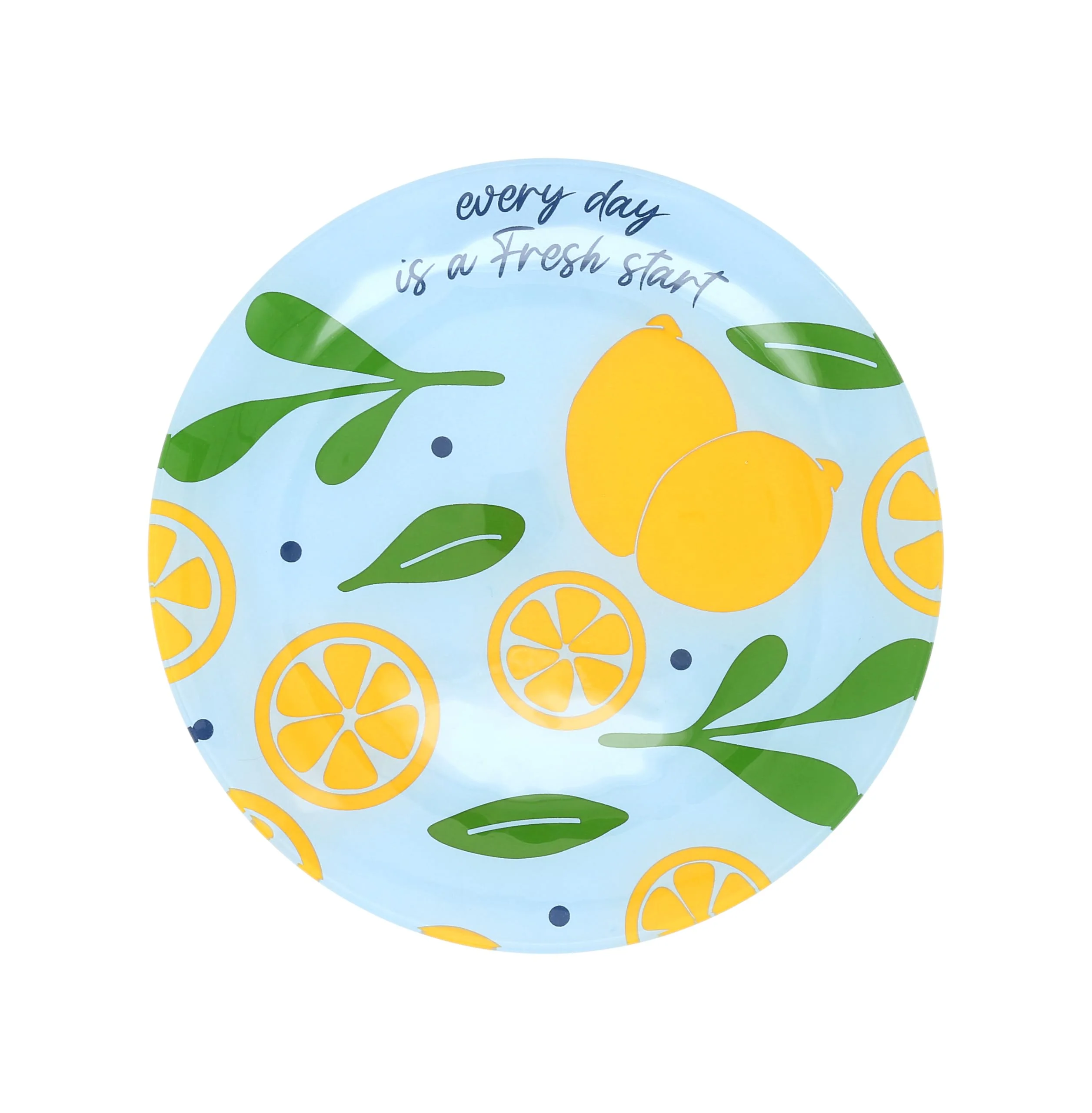 Pavilion - Every Day Is A Fresh Start - 8" Round Glass Appetizer Lemon Patterned Serveware Plate