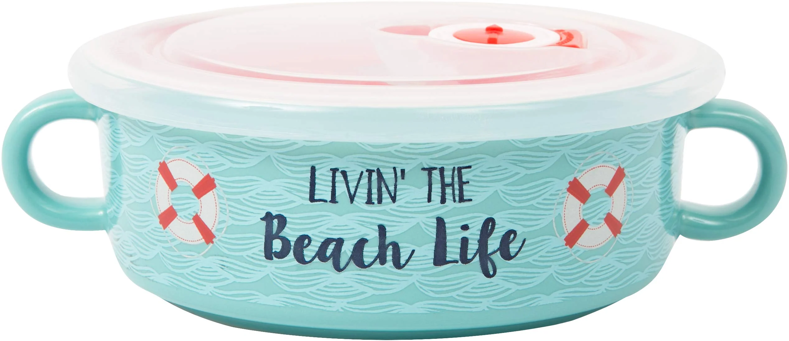Pavilion Gift Company 13.5 Oz Double Handled Soup Bowl With Lid Livin' The Beach Life, Blue