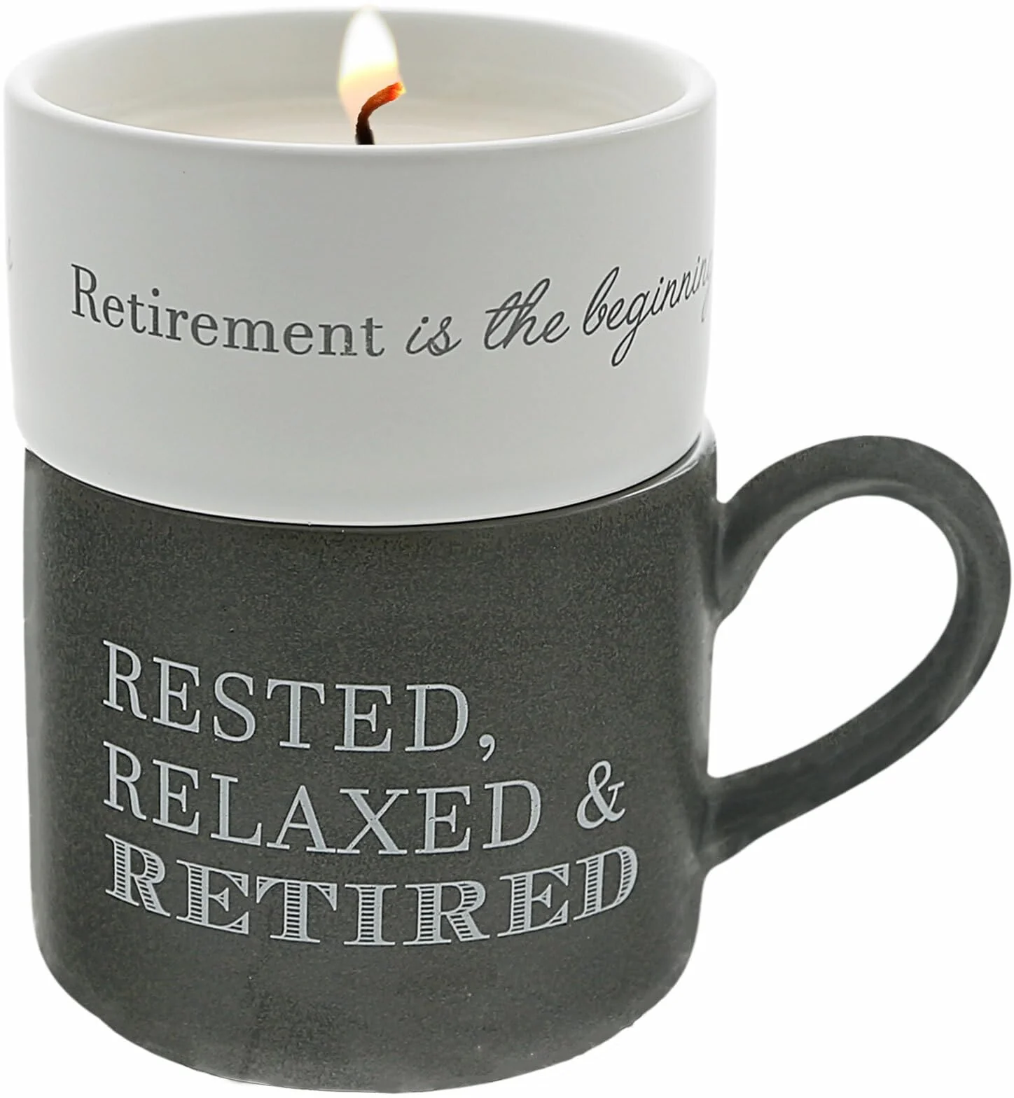 Pavilion - Rested, Relaxed, Retired - 4 Oz Candle & 10.8 Oz Mug Gray & Cream Neutral Stackable To: From: Tag Retirement Coworker Gift Set