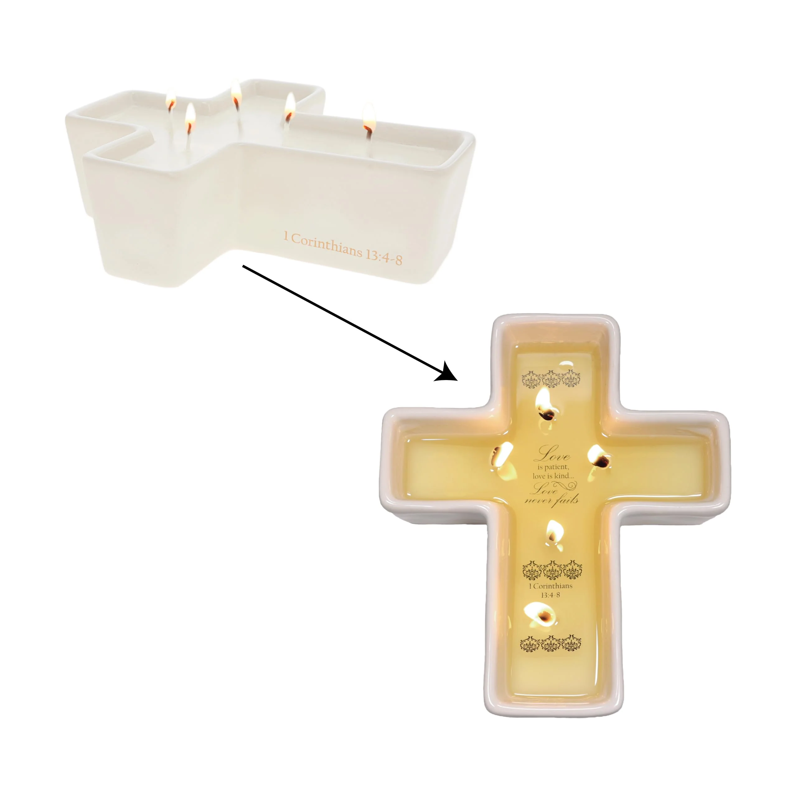 Pavilion - Love is Patient Love is Kind Love Never Fails - 1 Corinthians 13: 4-8 - 12 oz 100% Soy Wax Candle 5 Wick Candle - Cross Suprise Message Wax Reveal - Religious Home Decor Present