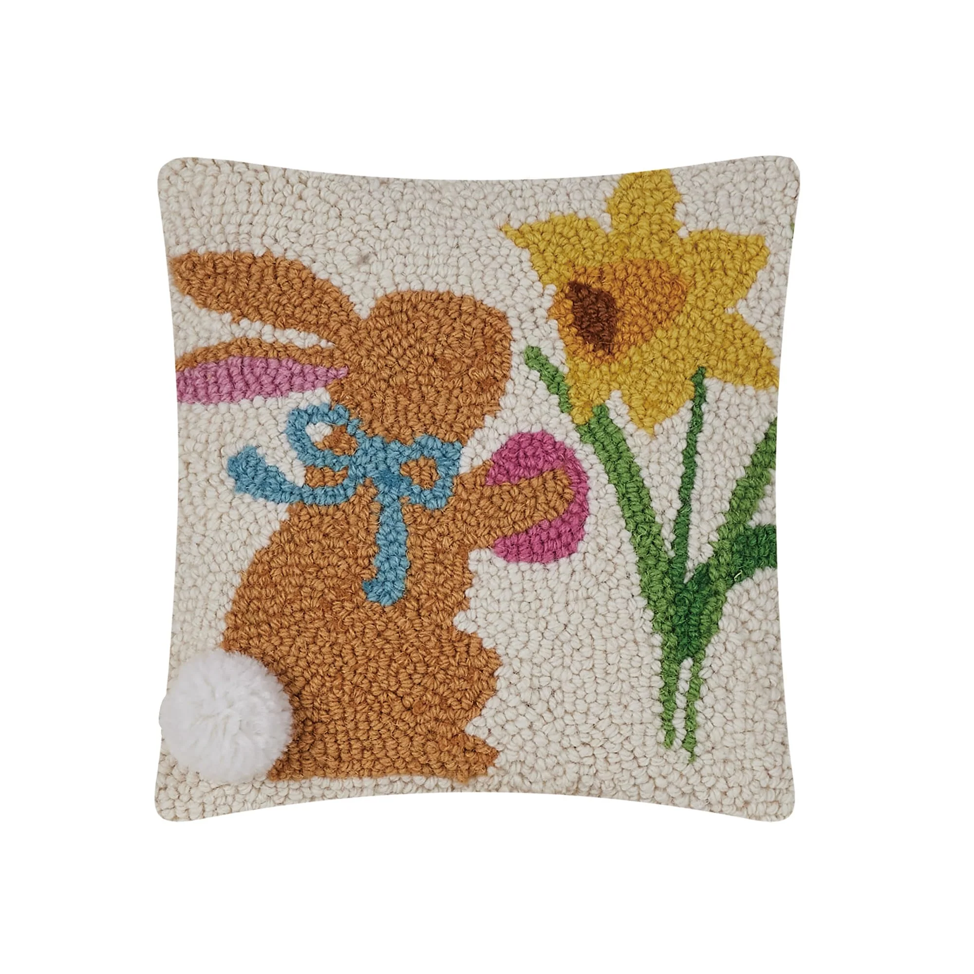 Peking Handicraft Rabbit with Flower Pom Pom Tail Poly Fill Hook Throw Pillow, 10-inch Square, Home Decoration