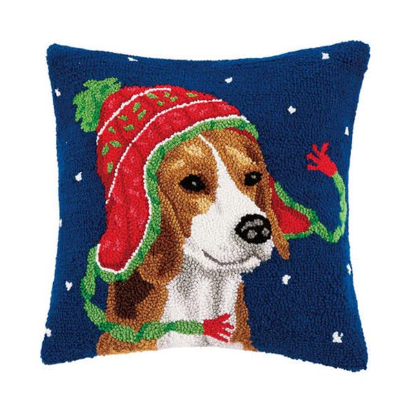 Peking Handicraft Winter Beagle Hound Dog Christmas Hooked Pillow - 16"