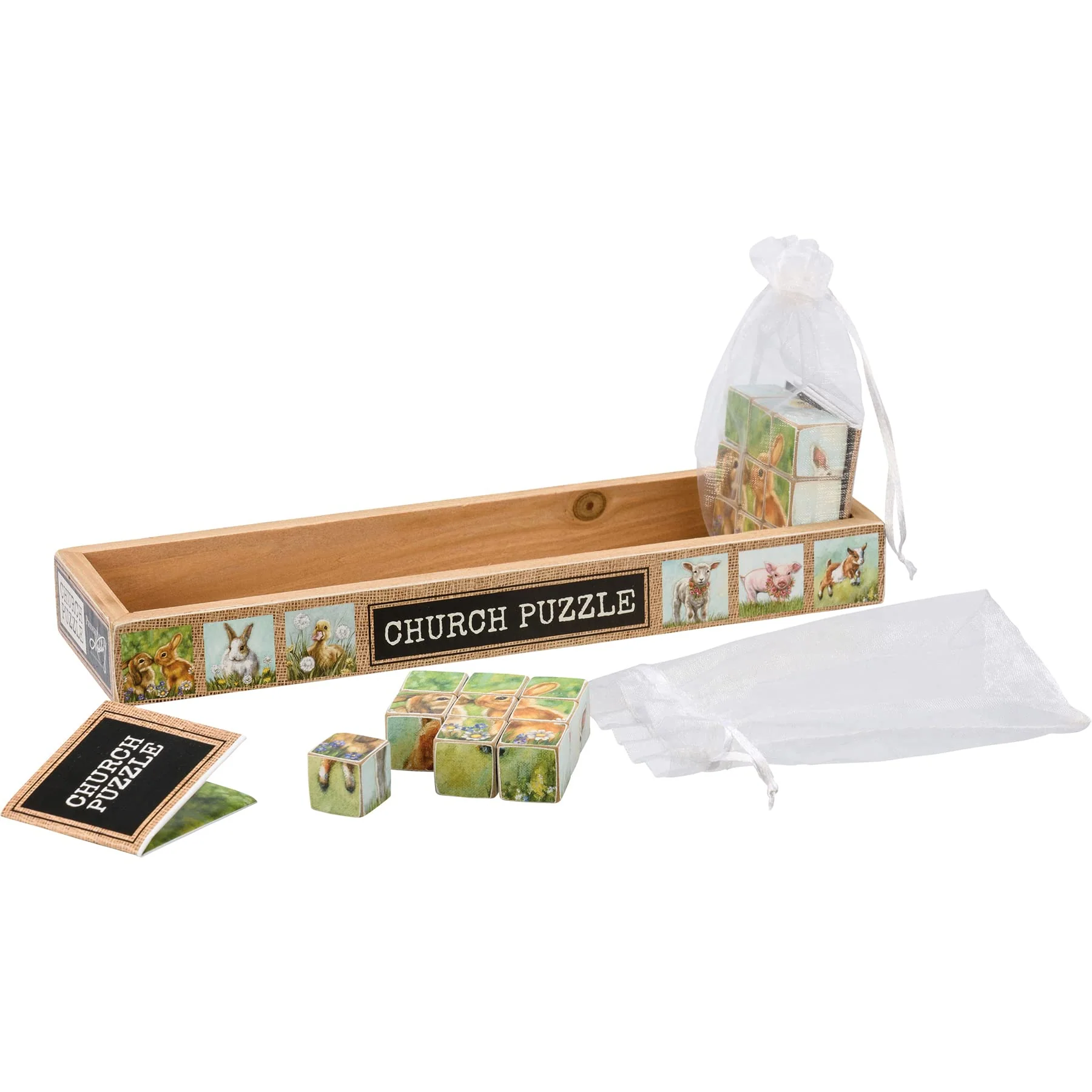 Primitives by Kathy 112517 Young Farm Friends Church Puzzle, Wood, Paper, Fabric, Metal and Ribbon, 11.25-inch Length