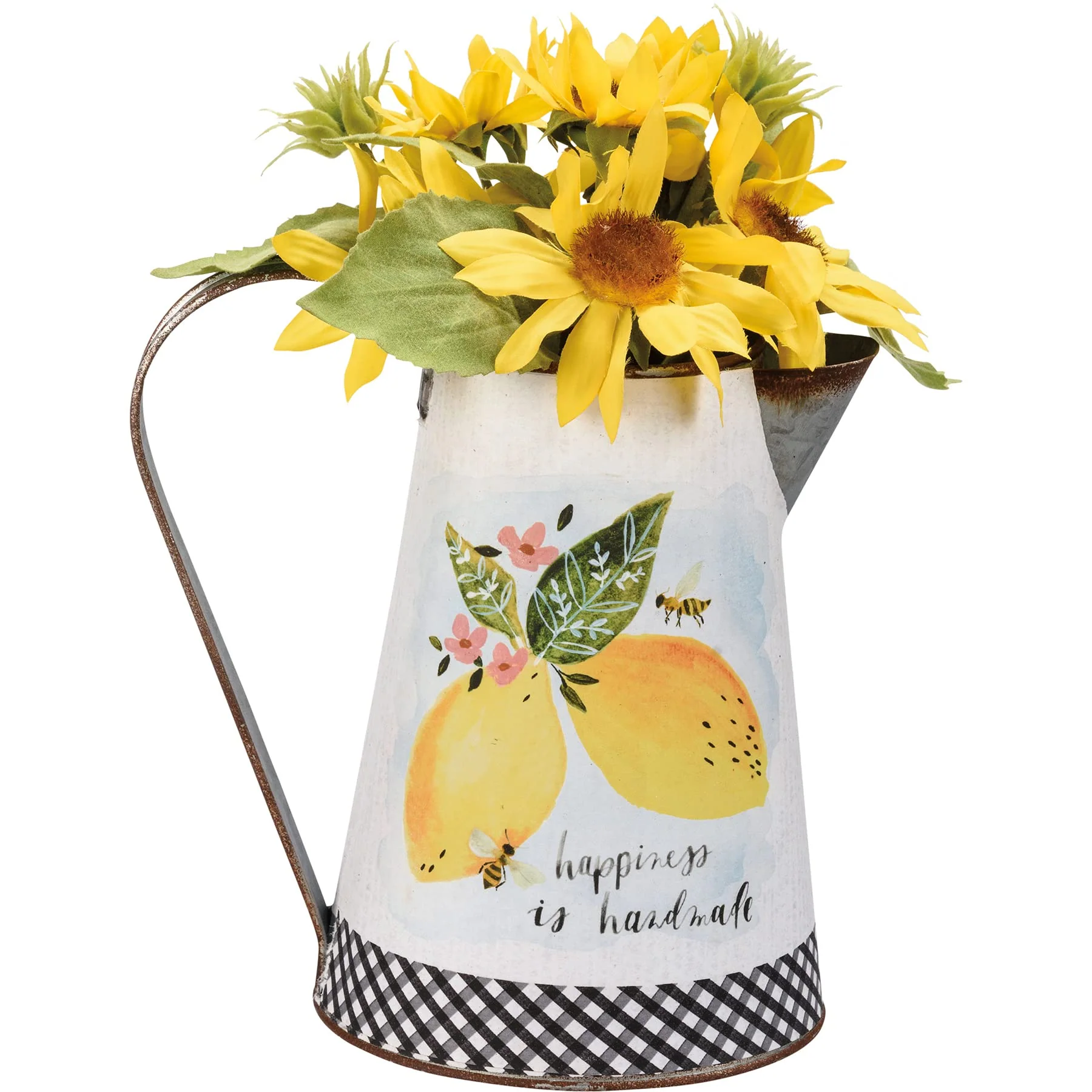 Primitives by Kathy Happiness is Handmade Lemon Floral Bumblebee Decorative Double Sided Metal Pitcher Vase