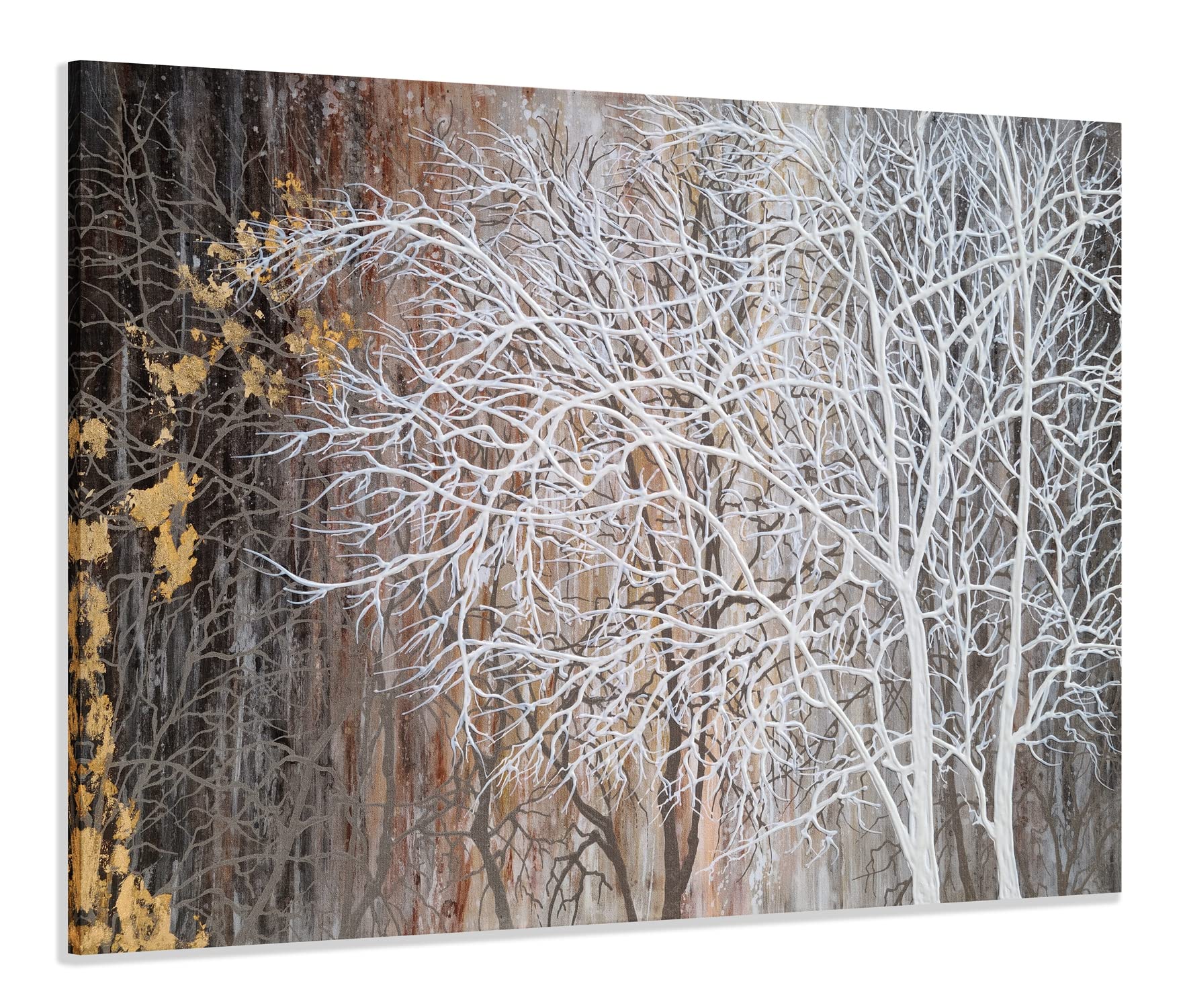 RFDEPOT ARTS Tree Pictures Wall Decor Hand Painted Rustic Canvas Paintings 3D Brown Art with Gold Foil Modern Abstract Landscape Artwork for Living Room Bedroom Dinning Decoration