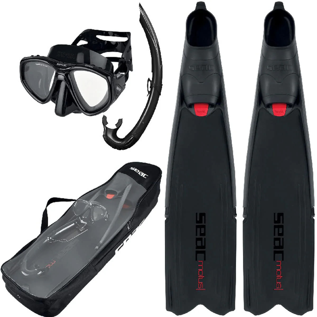 SEAC Set Tris Motus Set (Motus Long Fins, One Diving Mask, Jet Snorkel, Shoulder Bag), Black, 11-12