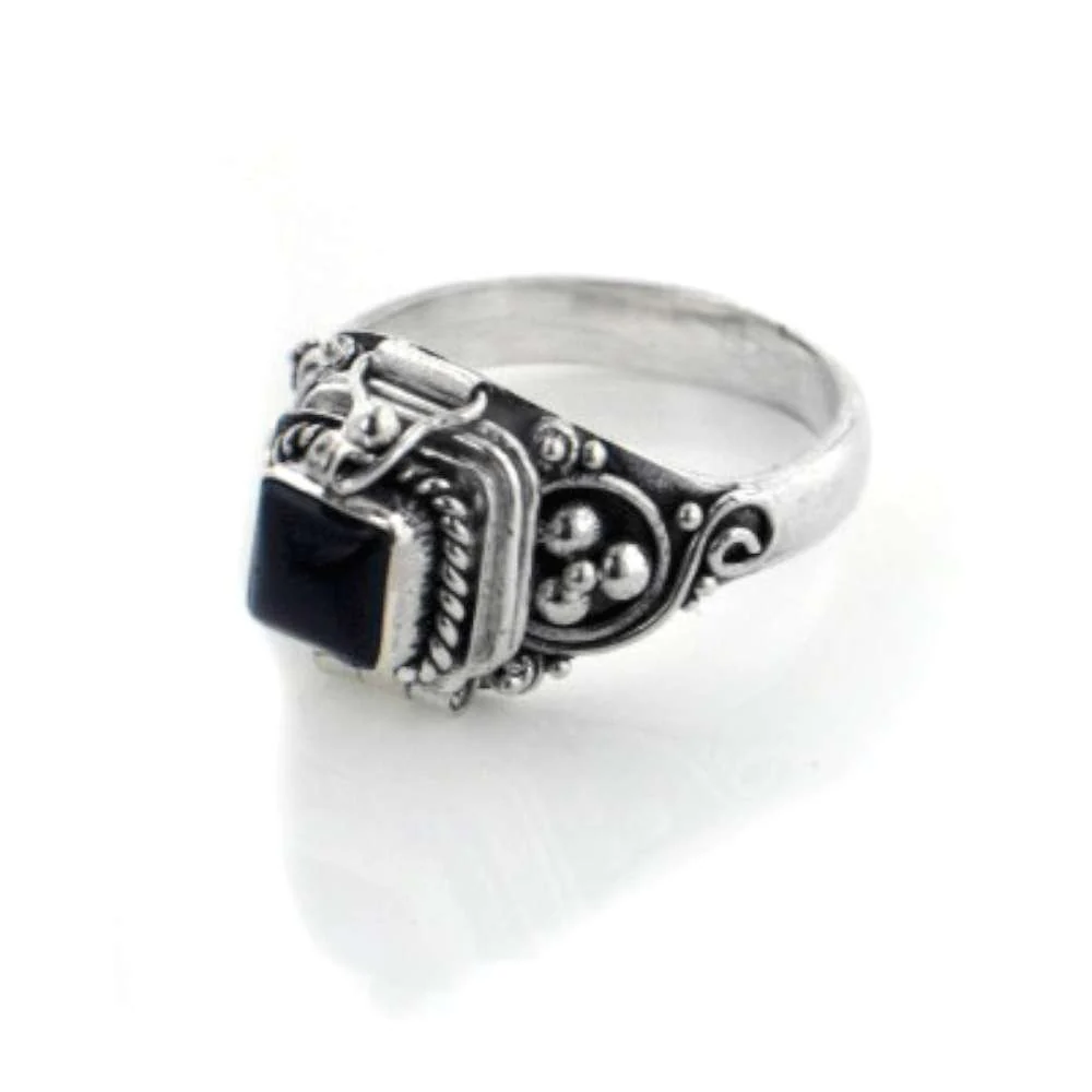 Small Square Sterling Silver Black Onyx Poison Box Locket Ring Size 10(Sizes 4,5,6,7,8,9,10,11)