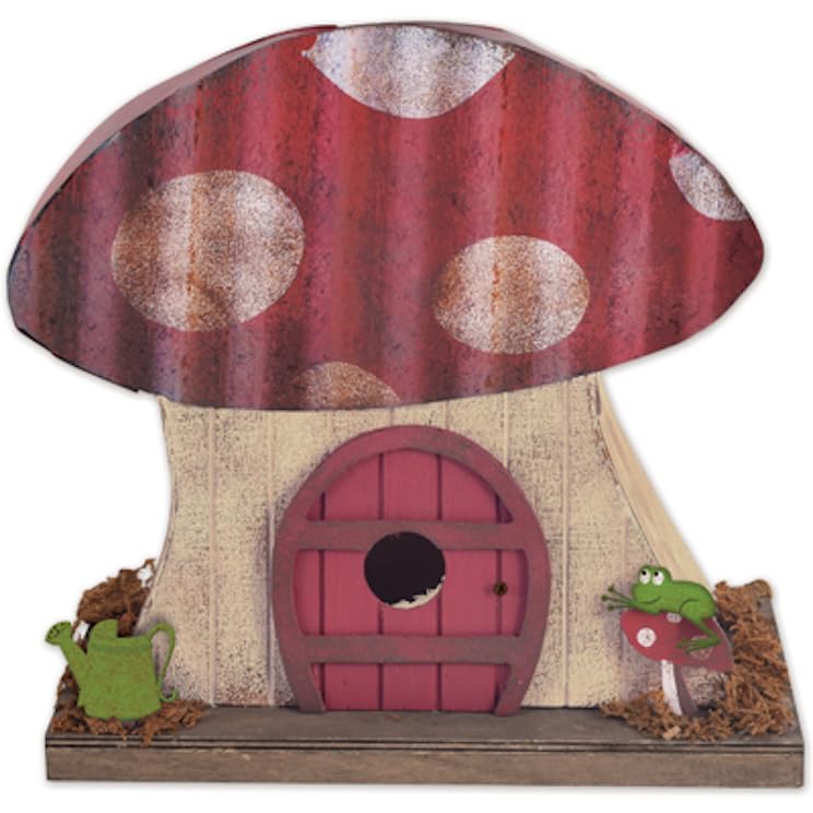 Sunset Vista Designs Wooden Birdhouses - Wood and Metal Mushroom Bird House, 5.5-Inch Tall, Red with Froggy