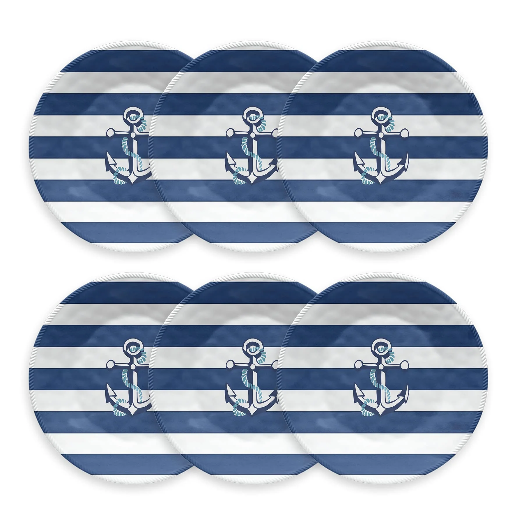 TarHong Nautical Anchor Dinner Plate, 10.5", Pure Melamine; Navy and White, Set of 6