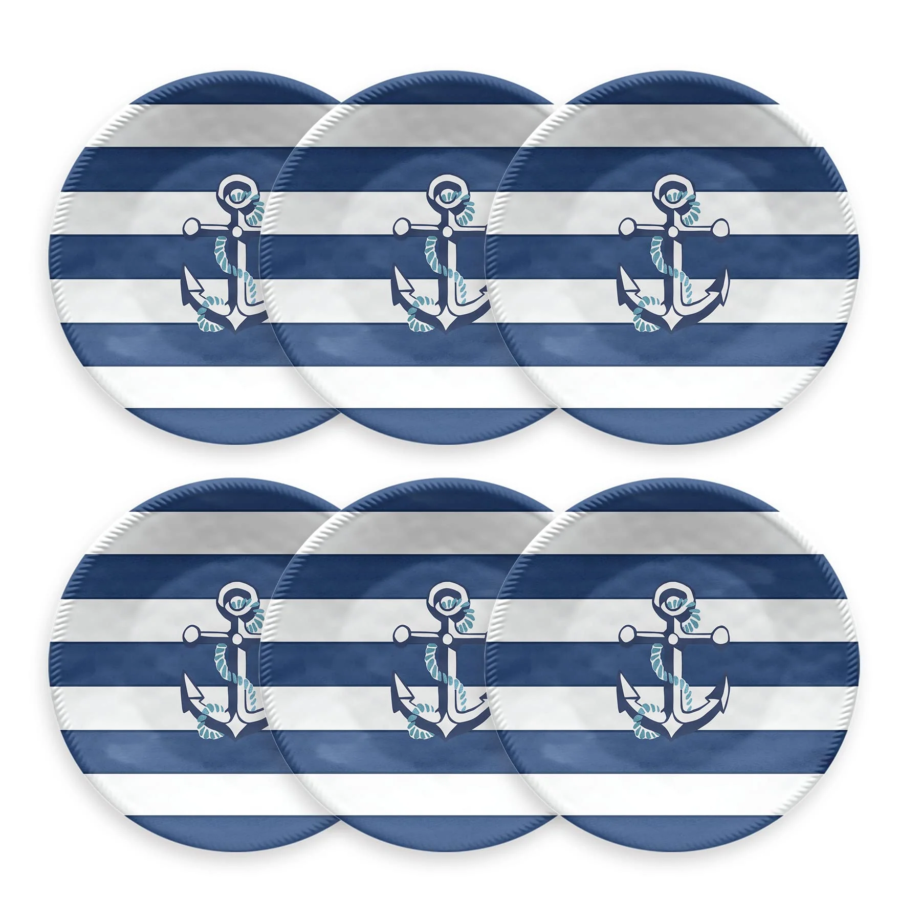 TarHong Nautical Anchor Salad Plate, 8.5", Pure Melamine; Navy and White, Set of 6