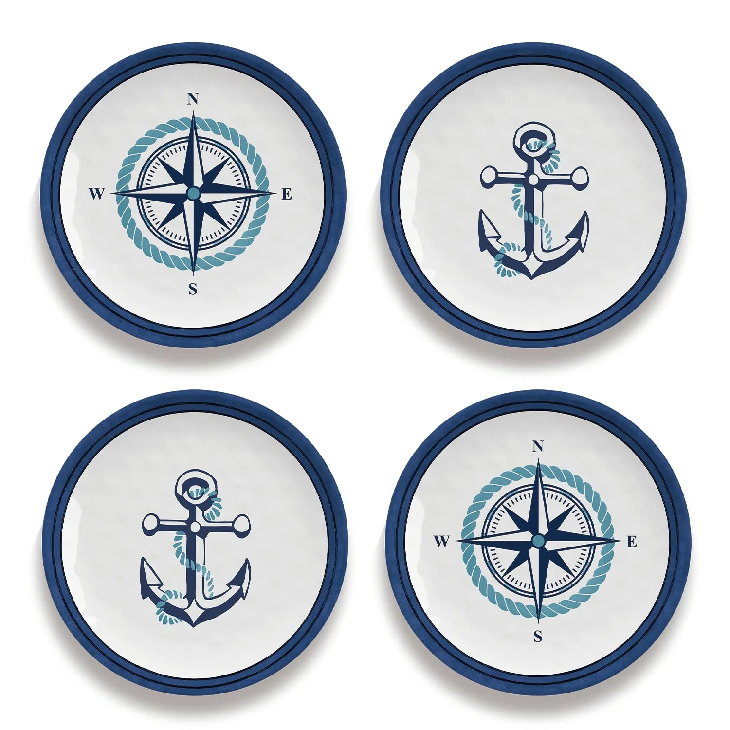 TarHong Nautical Anchor Set of 4 Assorted Appetizer Plates, Pure Melamine, 6.8”
