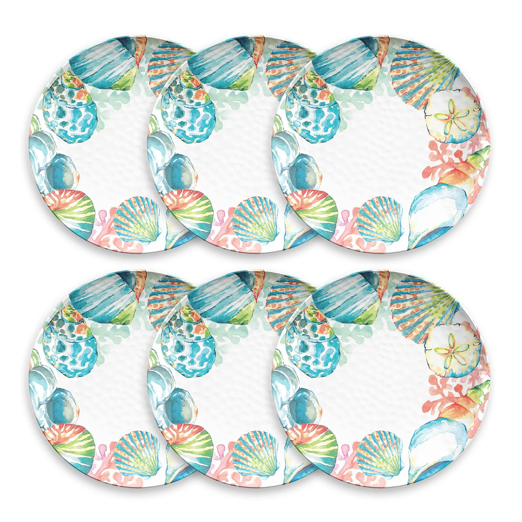 TarHong Sandbar Brights Ocean Themed Dinner Plate, Pure Melamine, Shatterproof, Indoor/Outdoor, 10.5 x 0.8”, Set of 6