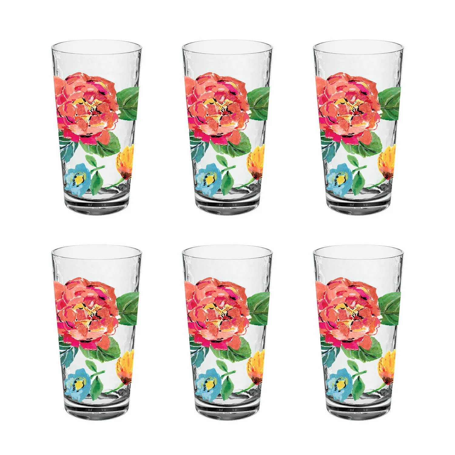 TarHong Garden Floral Jumbo Glass, 21.5 oz., Premium Plastic, Set of 6