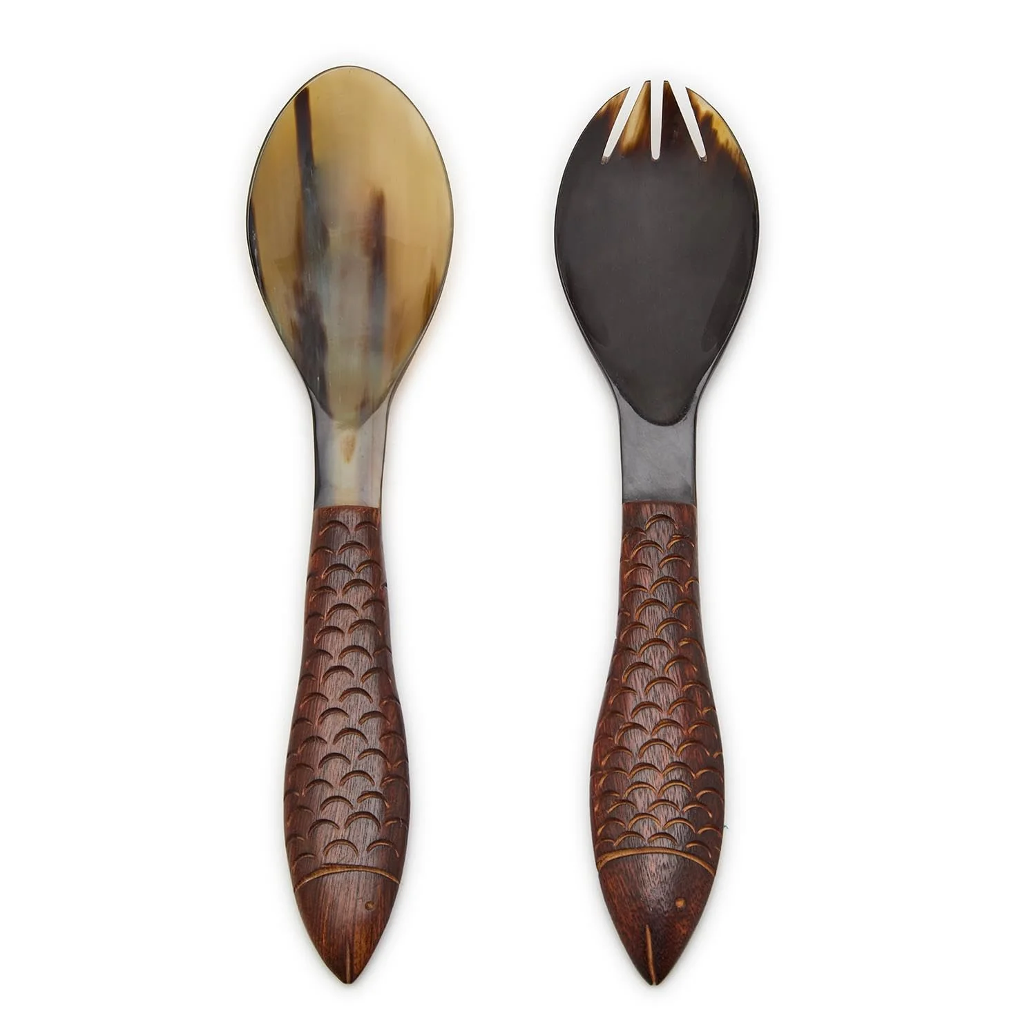 Two's Company Set of 2 Fish Horn Server Includes: Spoon and Fork (hand wash only) - Horn/Mango Wood