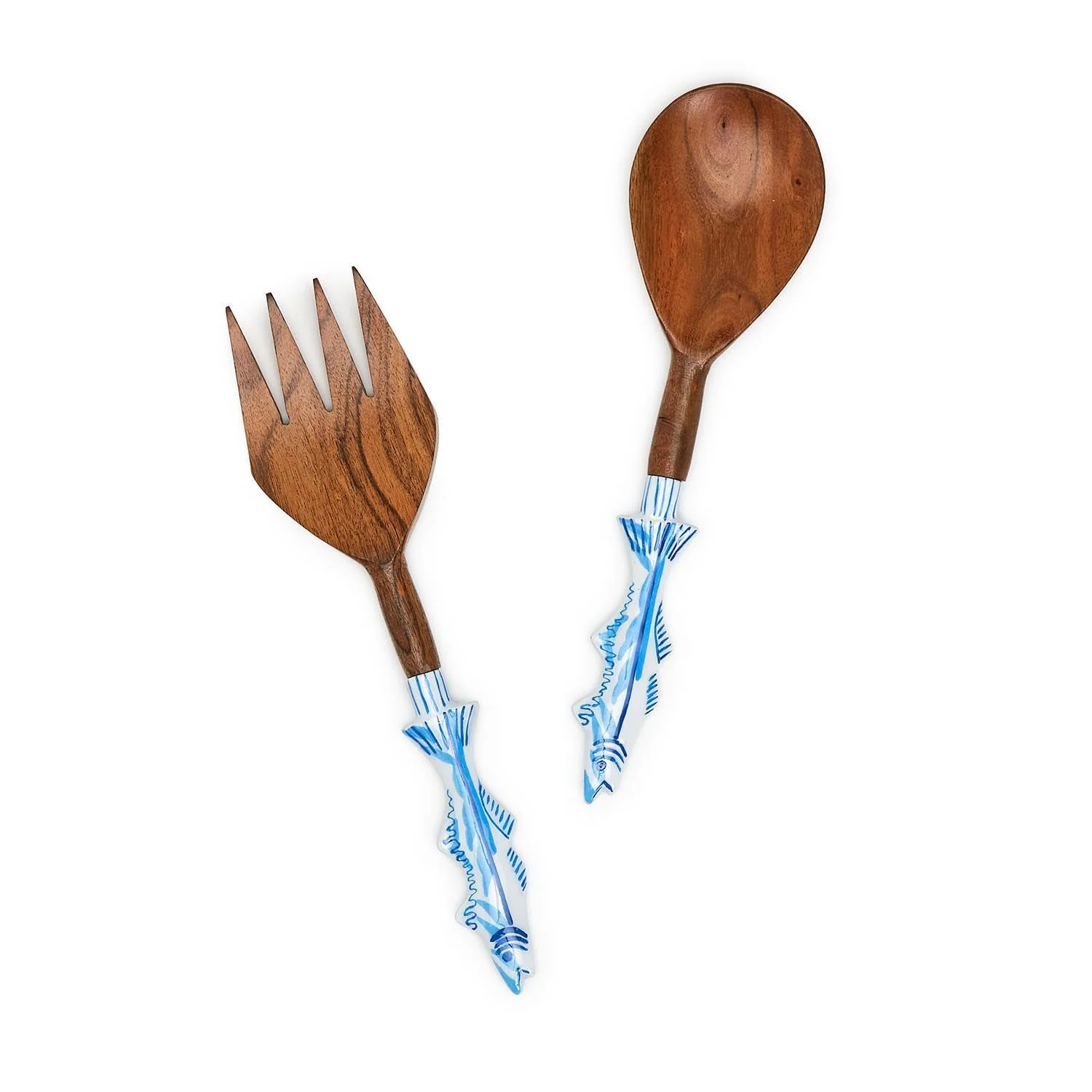 Two's Company Fish Shape Handle Set of 2 Salad Servers - Acacia Wood/Aluminum