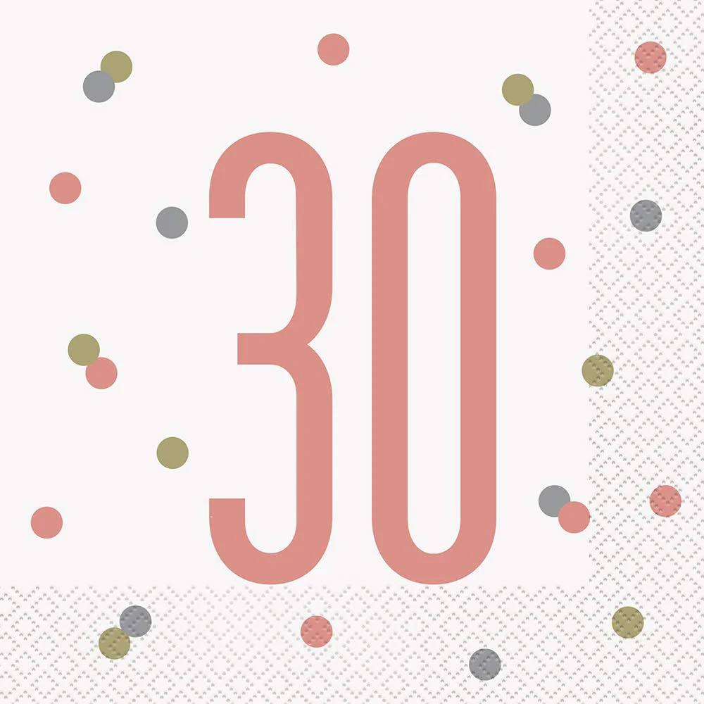 Unique 84882 30th Birthday Lunch Paper Napkins - 6.5" x 6.5" | Glittery Rosegold | 16 Pcs, Rose Gold, Age 30