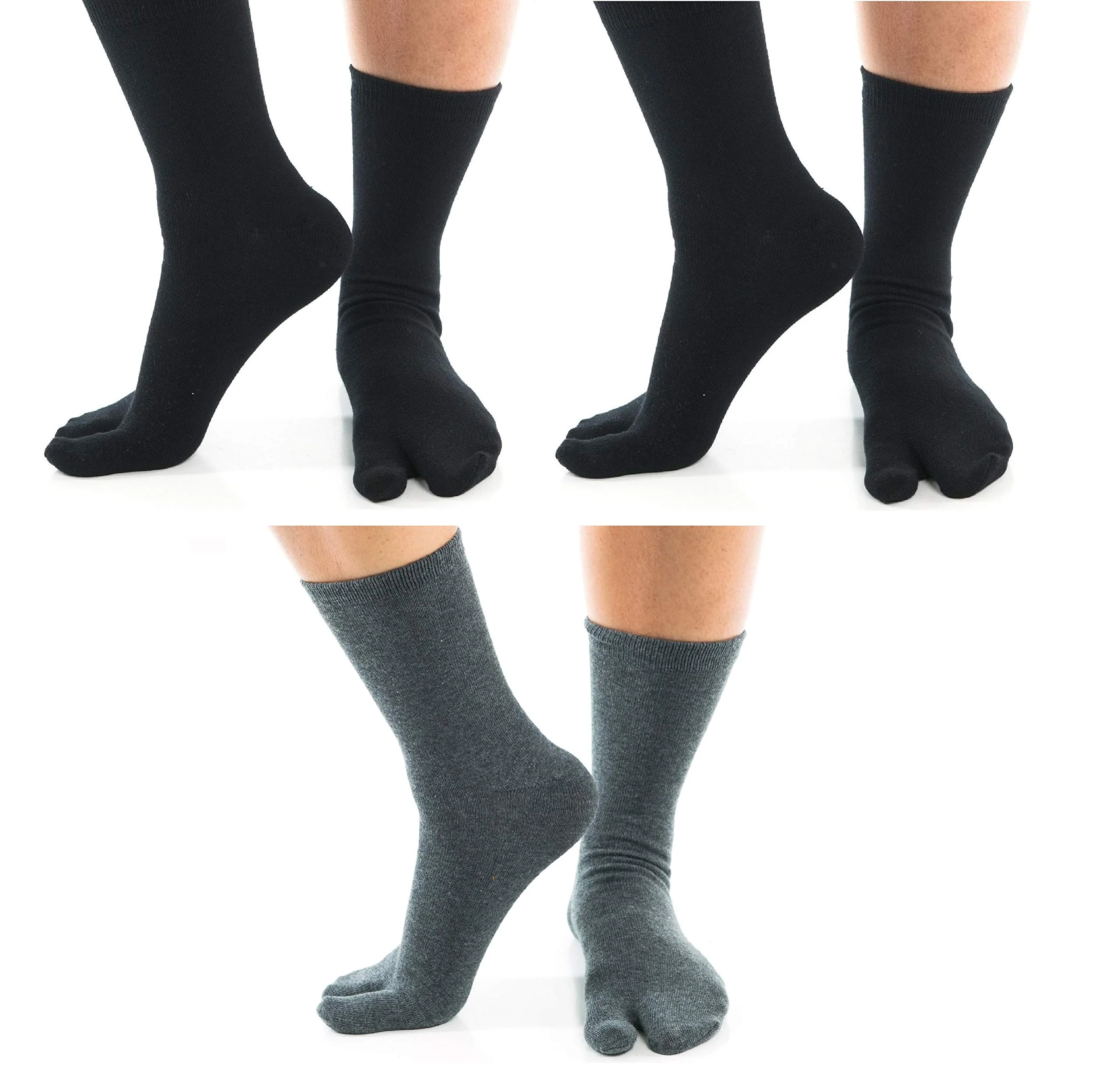 V-Toe Split Toe Flip-Flop Socks - Tabi Premium Cotton Blend Men & Women Sock - Men's Japanese Toe Separated Gray Black - 3 Pairs Pack