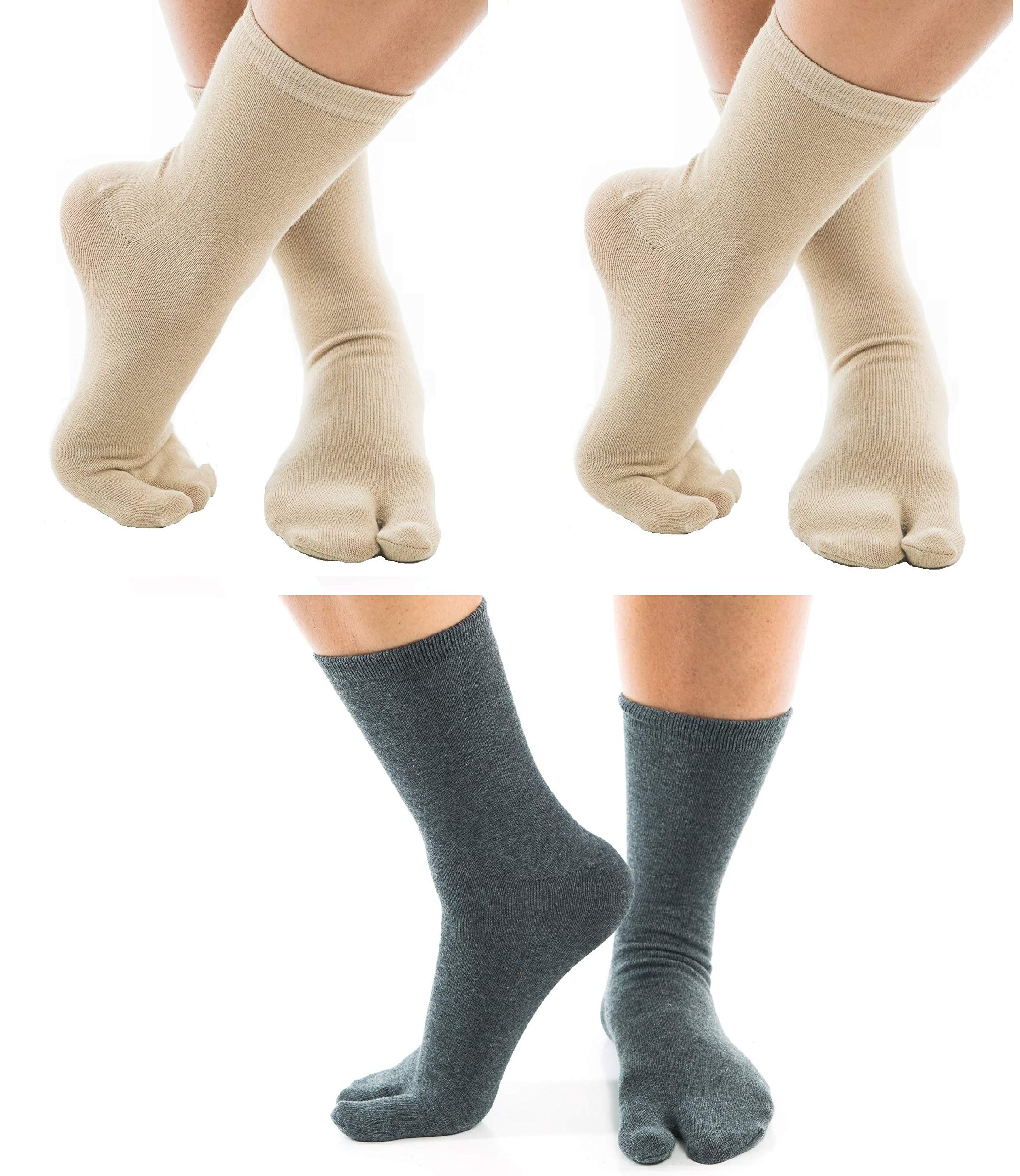 V-Toe Split Toe Flip-Flop Socks - Tabi Premium Cotton Blend Men & Women Sock - Men's Japanese Toe Separated Khaki Gray - 3 Pairs Pack