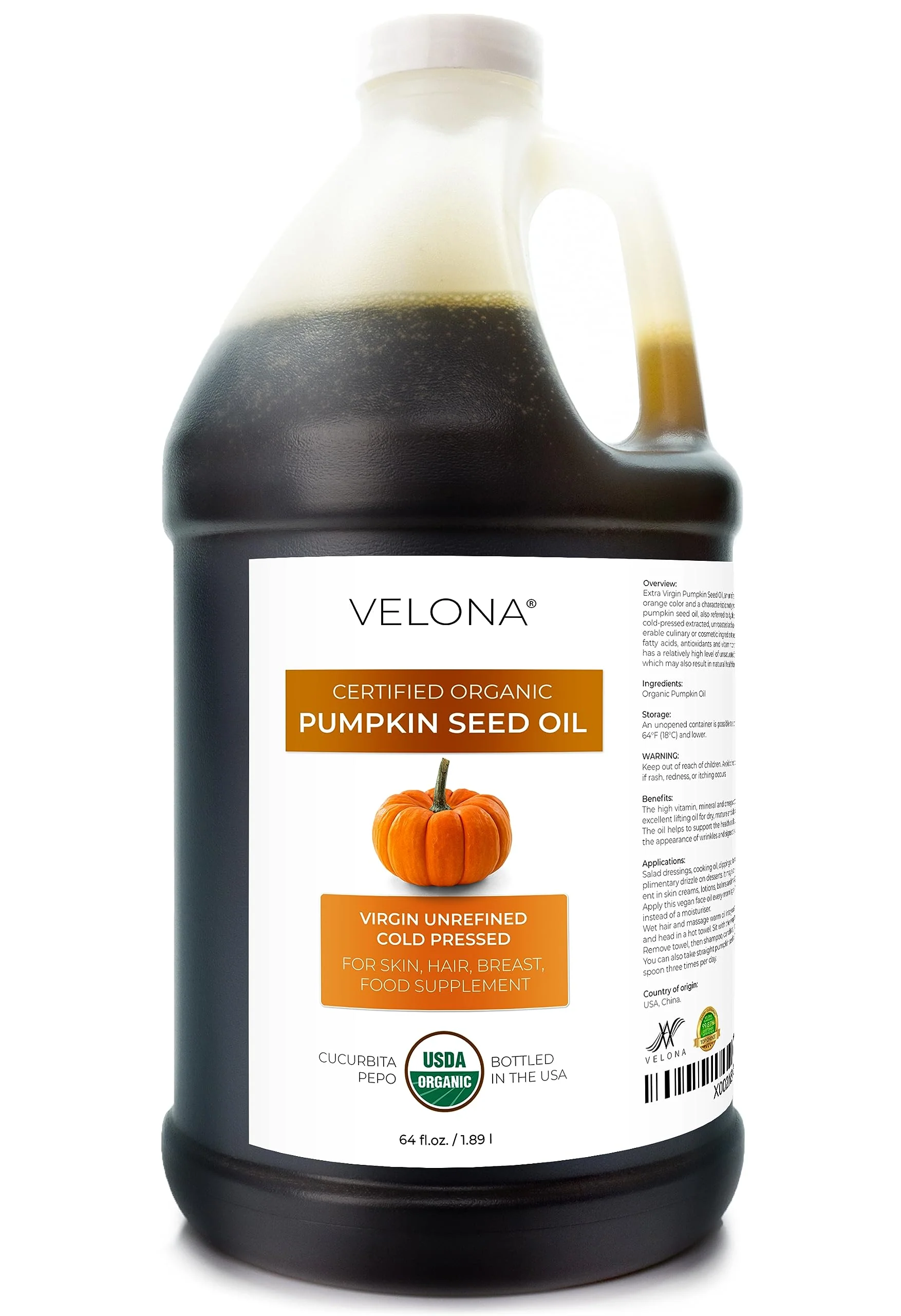 velona Pumpkin Seed Oil USDA Certified Organic - 64 oz | 100% Pure and Natural Carrier Oil | Unrefined, Cold Pressed
