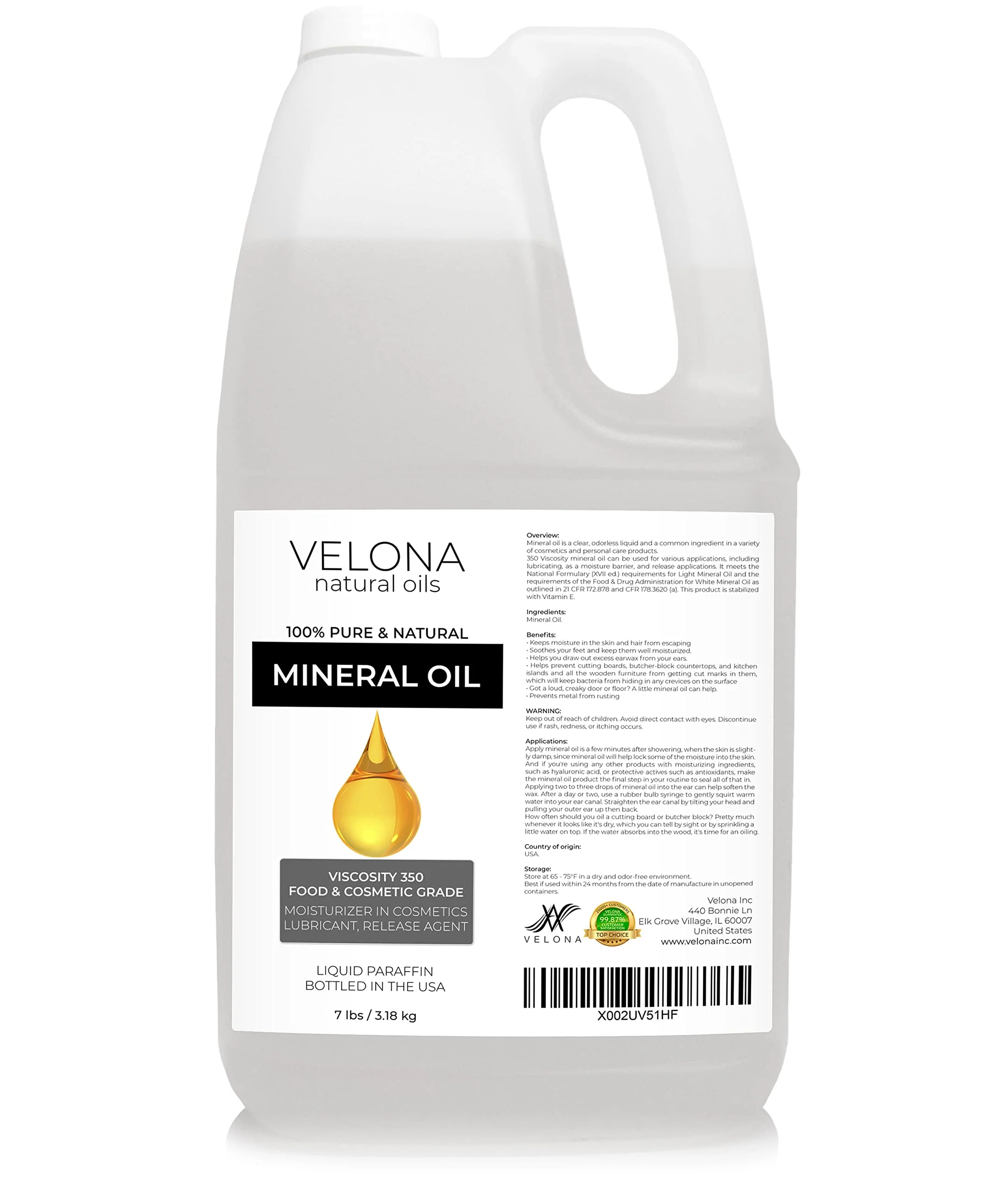 Velona Food Grade Mineral Oil 350 Viscosity NF USP Grade - 7 lb | for Cutting Boards, Countertops and Butcher Blocks, Stainless Steel, Knife, Tool, Machine, and Equipment | Made in The USA