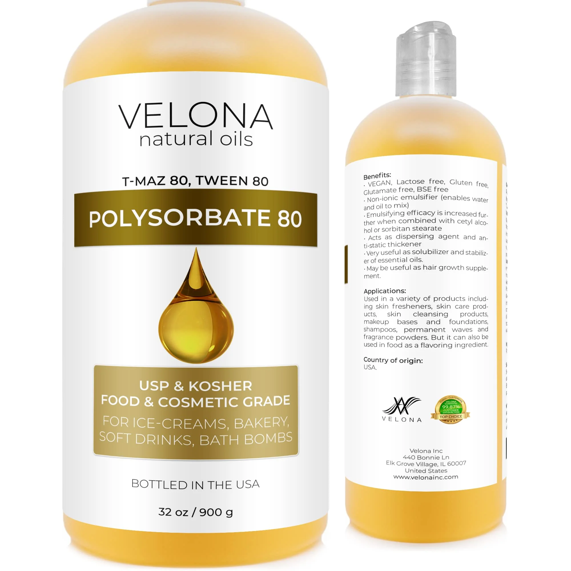 Polysorbate 80 by Velona - 32 oz | Solubilizer, Food & Cosmetic Grade | All Natural for Cooking, Skin Care and Bath Bombs, Sprays, Foam Maker | Use Today - Enjoy Results