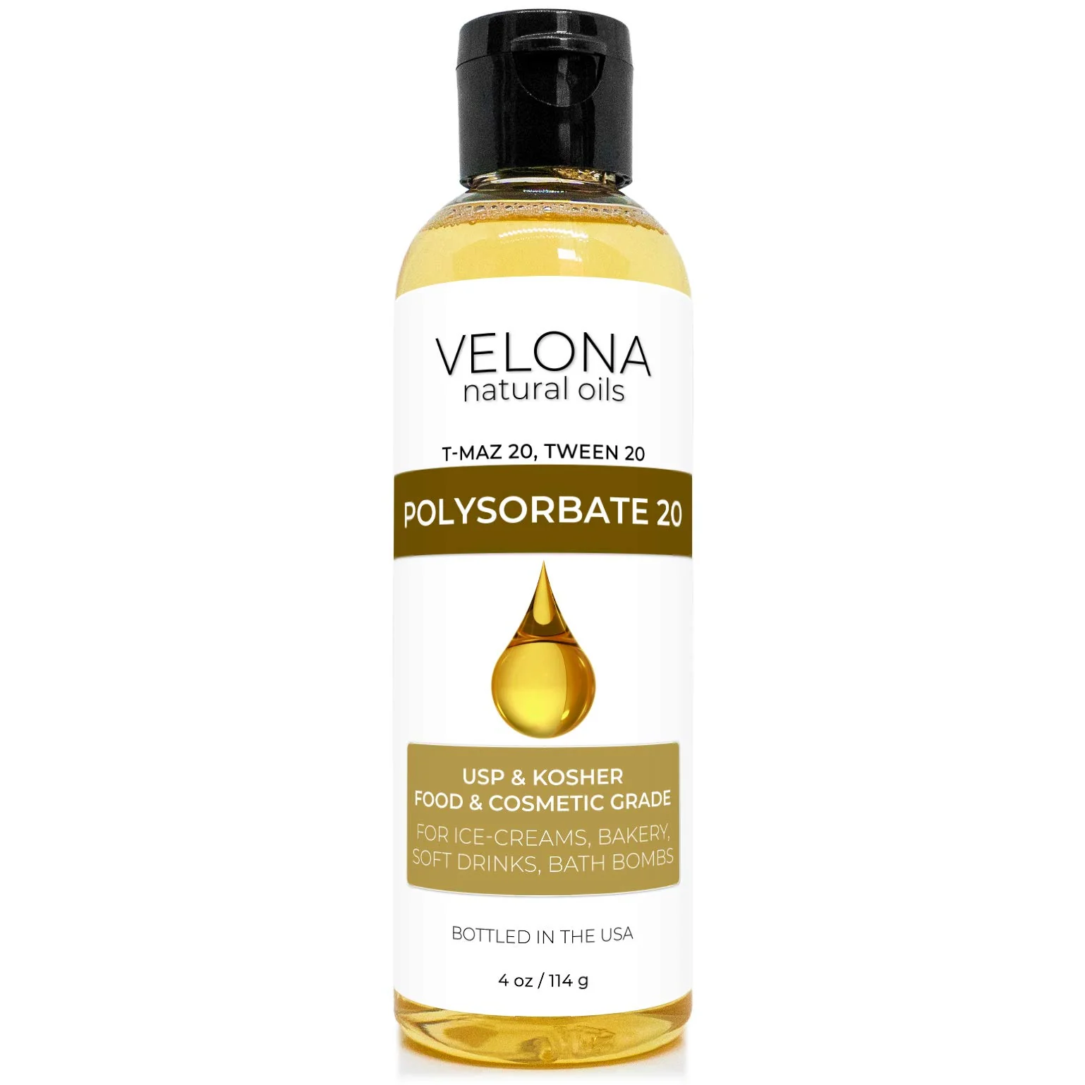 Polysorbate 20 by Velona - 4 oz | Solubilizer, Food & Cosmetic Grade | All Natural for Cooking, Skin Care and Bath Bombs
