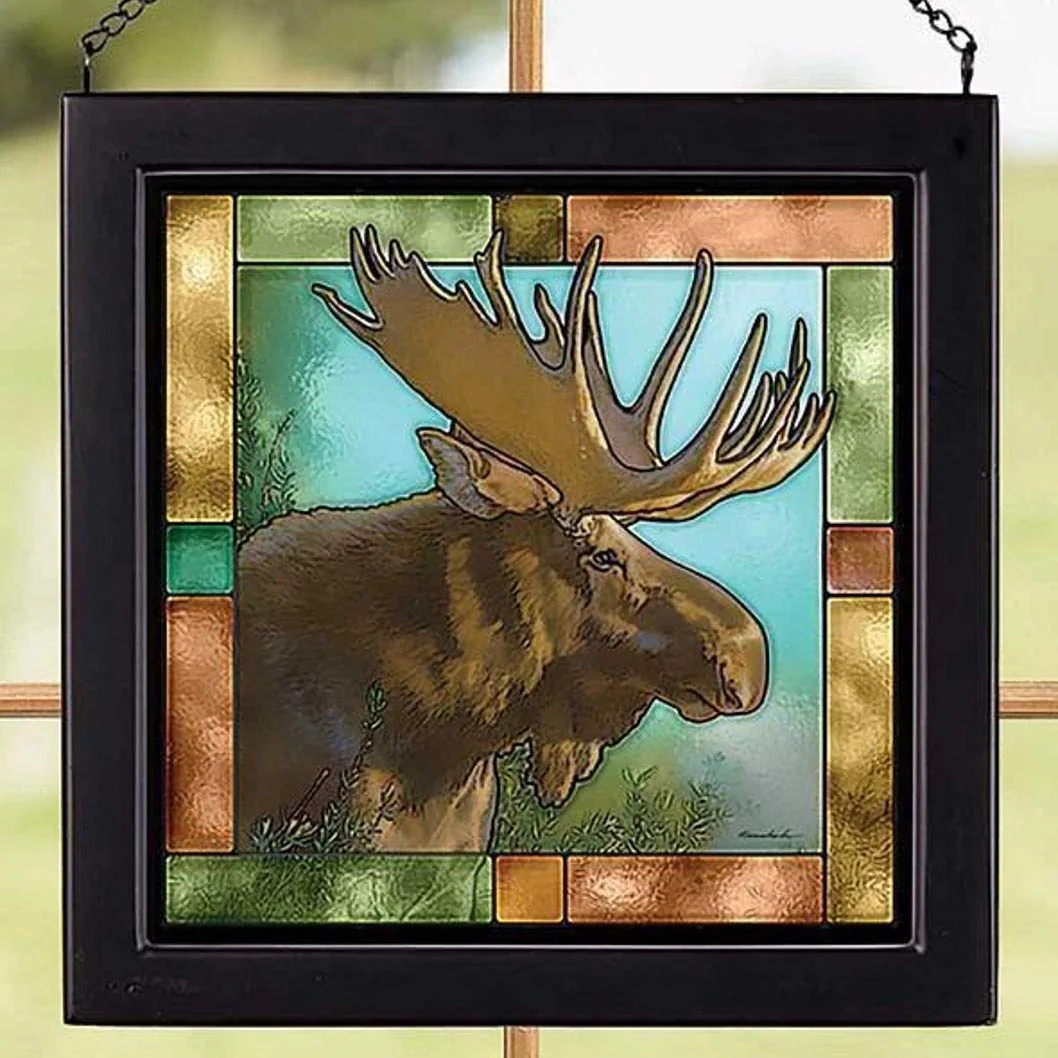 Wild Wings 5386497004 Stained Glass Art, 9-inch Square (Moose Bust)