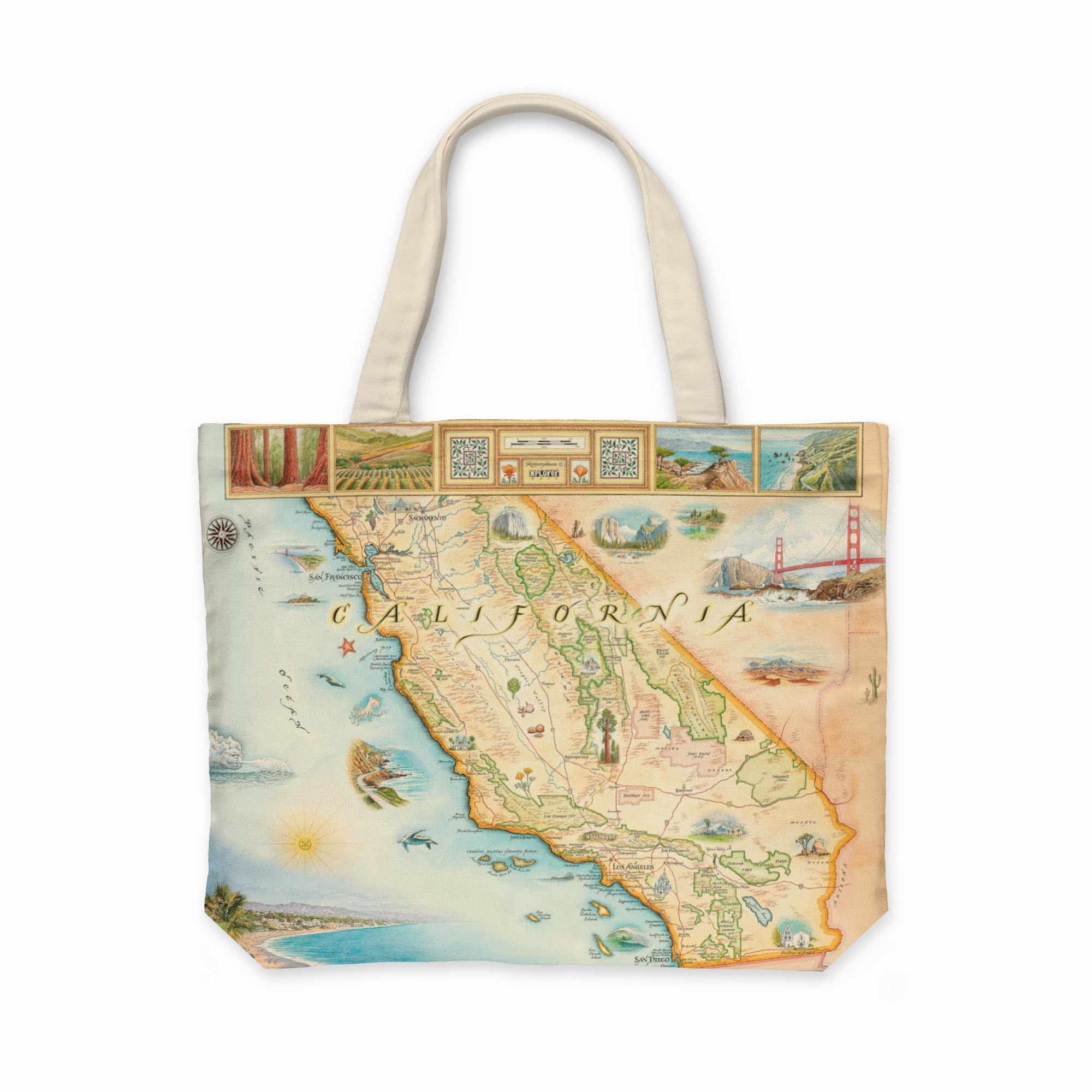 Xplorer Maps California State Map Canvas Tote Bag with Handles, Cloth Grocery Shopping Bag, Reusable & Eco-friendly Bag, 100% Cotton, Washable, 18 wide x 15 tall