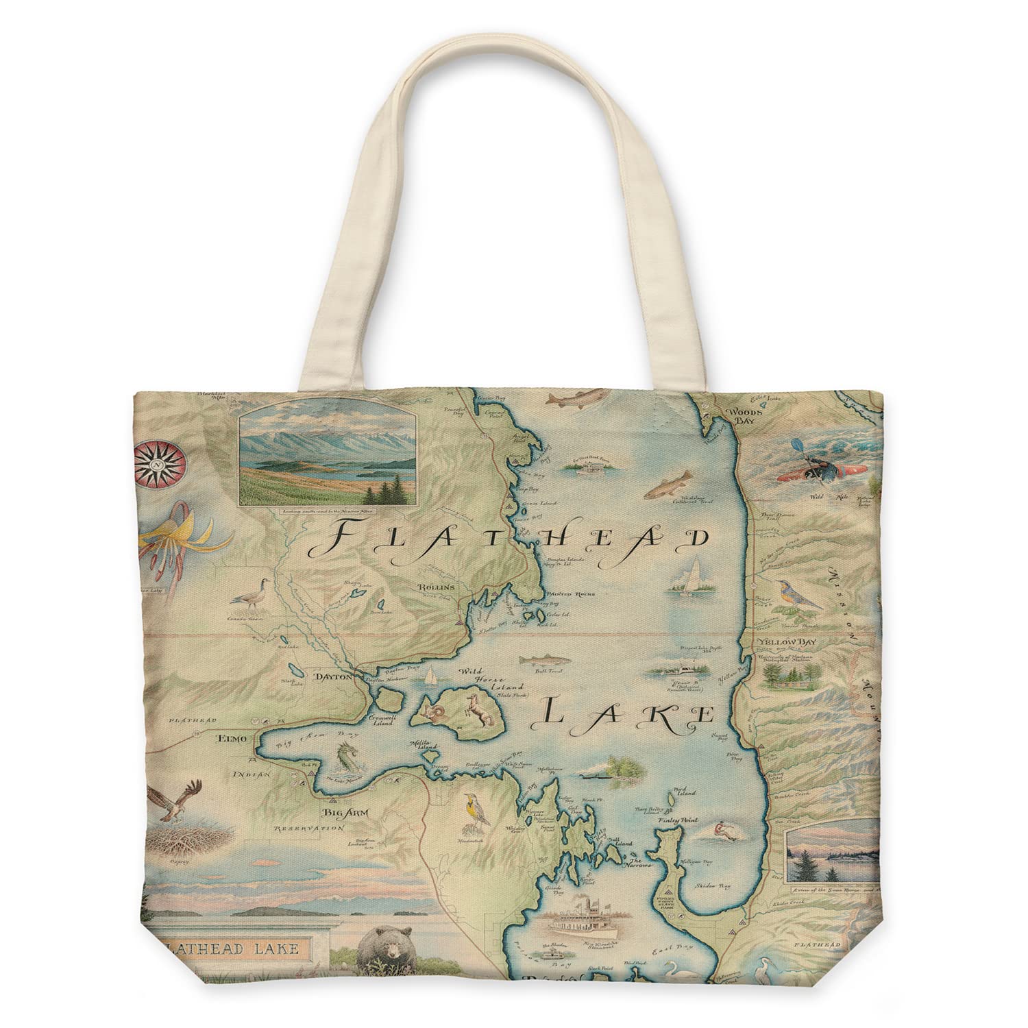 Xplorer Maps Montana's Flathead Lake Map Canvas Tote Bag with Handles, Cloth Grocery Shopping Bag, Reusable & Eco-friendly Bag, 100% Cotton, Washable, 18 wide x 15 tall