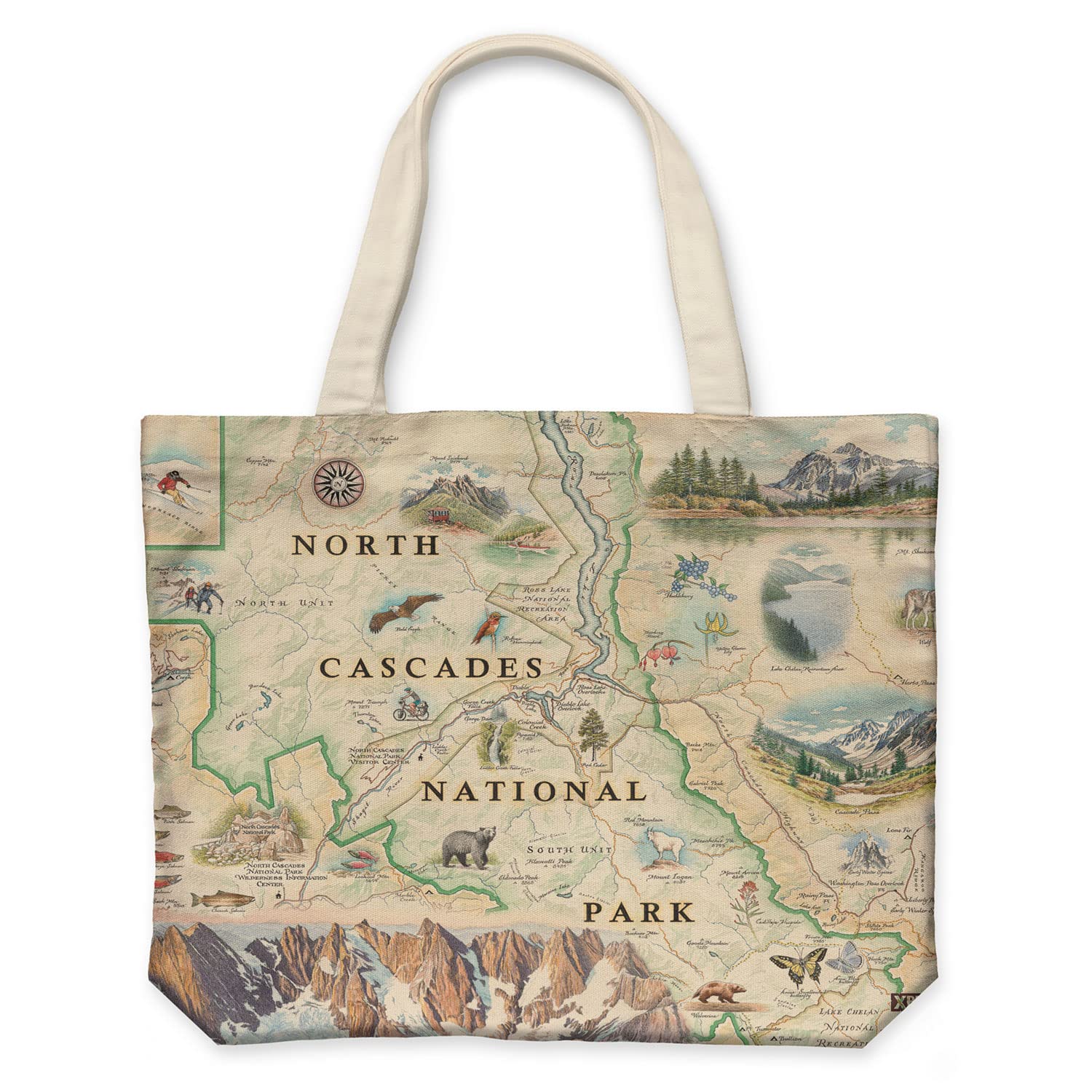 Xplorer Maps North Cascades National Park Map Canvas Tote Bag with Handles, Cloth Grocery Shopping Bag, Reusable & Eco-friendly Bag, 100% Cotton, Washable, 18 wide x 15 tall
