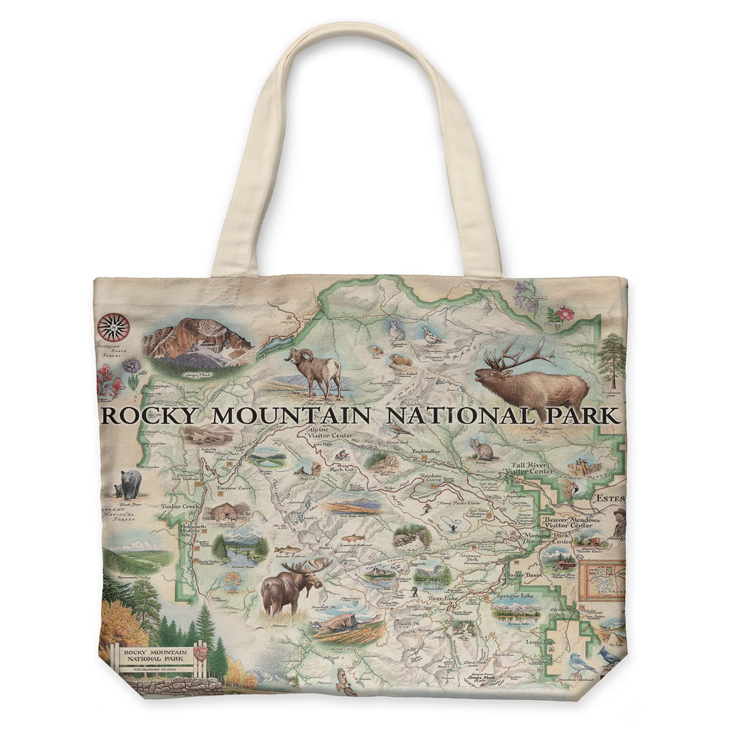 Xplorer Maps Rocky Mountain National Park Map Canvas Tote Bag with Handles, Cloth Grocery Shopping Bag, Reusable & Eco-friendly Bag, 100% Cotton, Washable, 18 wide x 15 tall