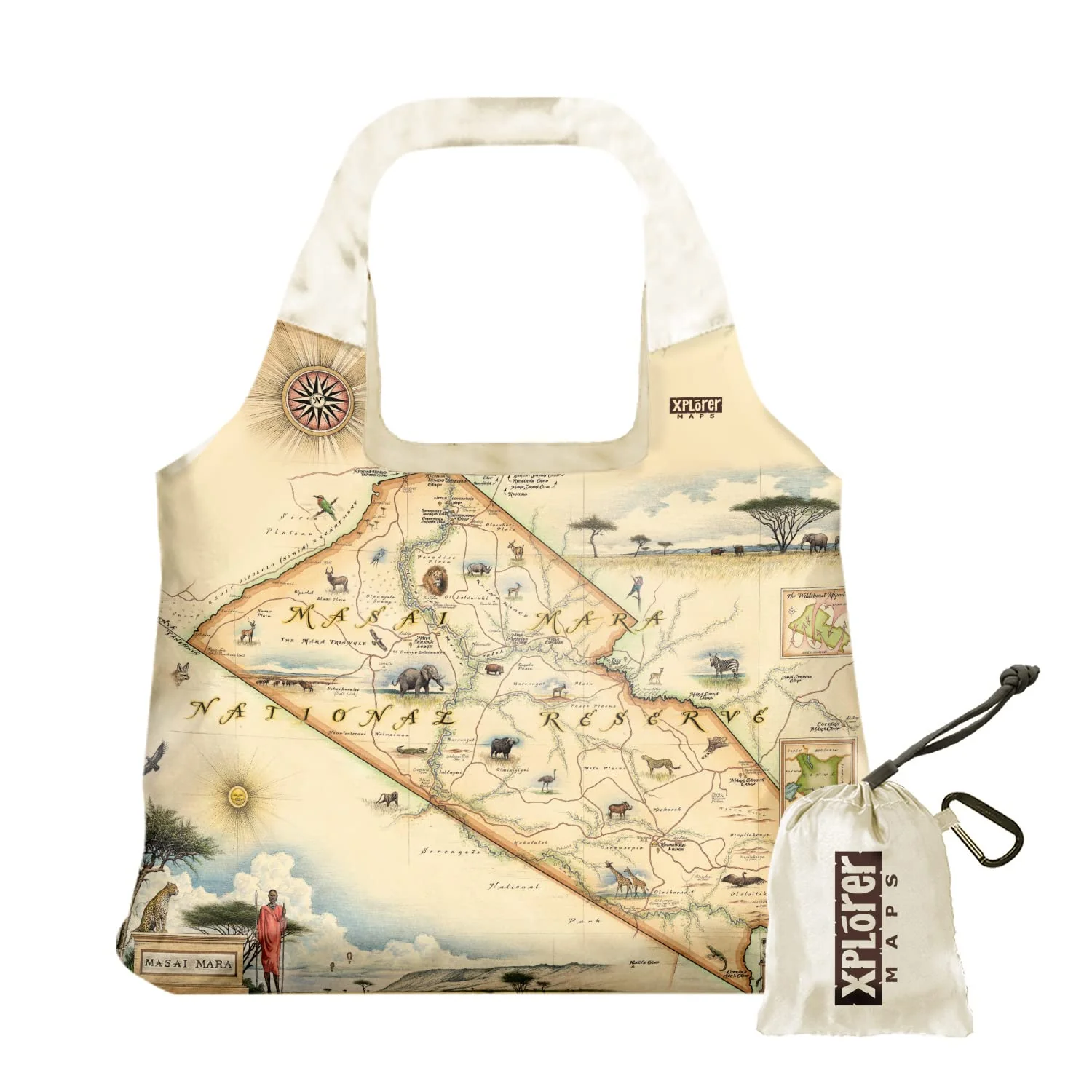Xplorer Maps Masai Mara National Reserve Map Pouch Tote with Handles - Grocery Shopping Bag - Reusable & Eco-friendly - Foldable Nylon - Heavy Duty Fits in Pocket - 18x25